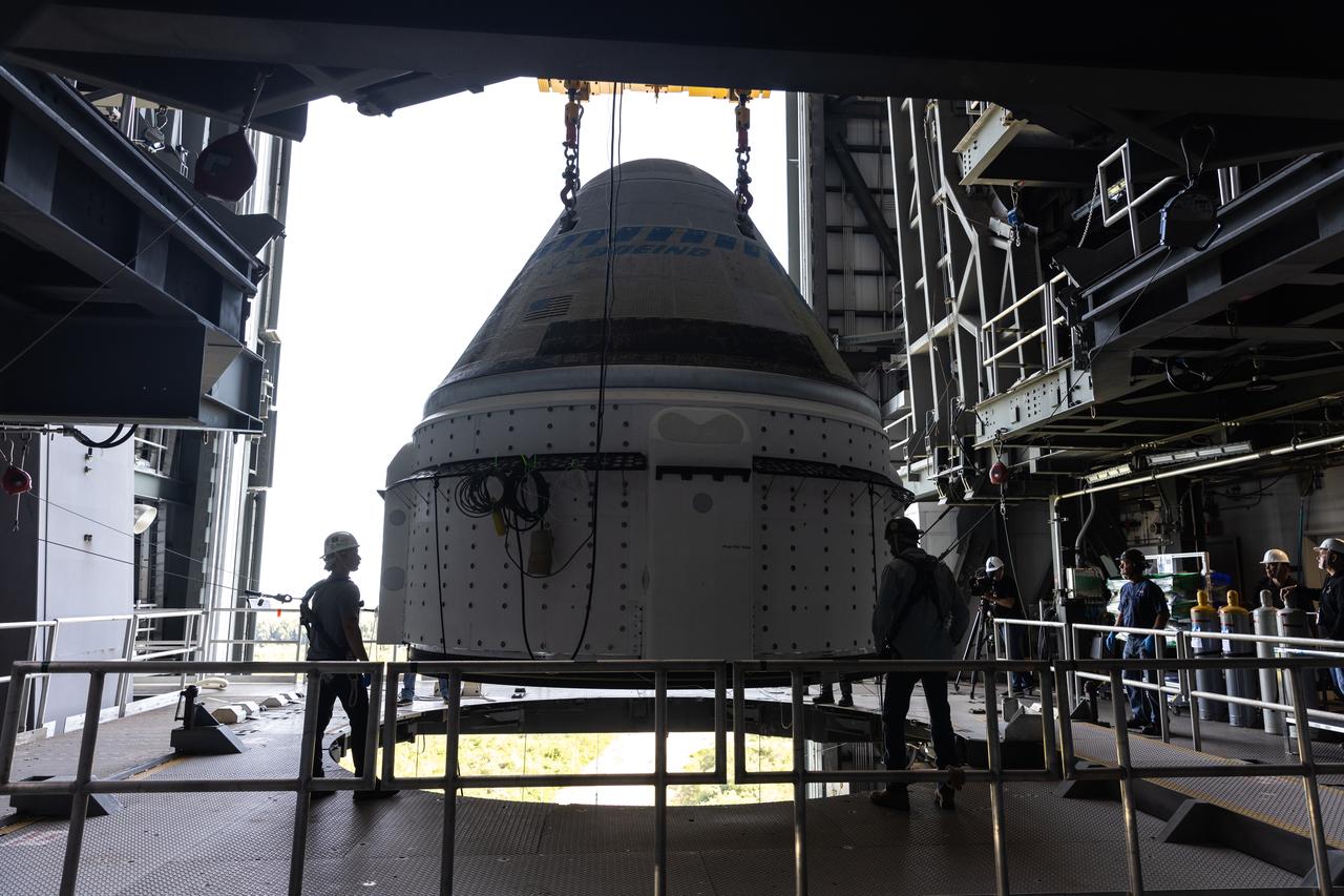 The Boeing Starliner spacecraft is lifted at the Vertical Integration Facility at Space Launch Complex-41 at Cape Canaveral Space Force Station in Florida on Tuesday, April 16, 2024. Starliner will be secured atop a United Launch Alliance Atlas V rocket for NASA’s Boeing Crew Flight Test to the International Space Station for the agency’s Commercial Crew Program. The spacecraft rolled out from Boeing's Commercial Crew and Cargo Processing Facility at NASA's Kennedy Space Center earlier in the day.