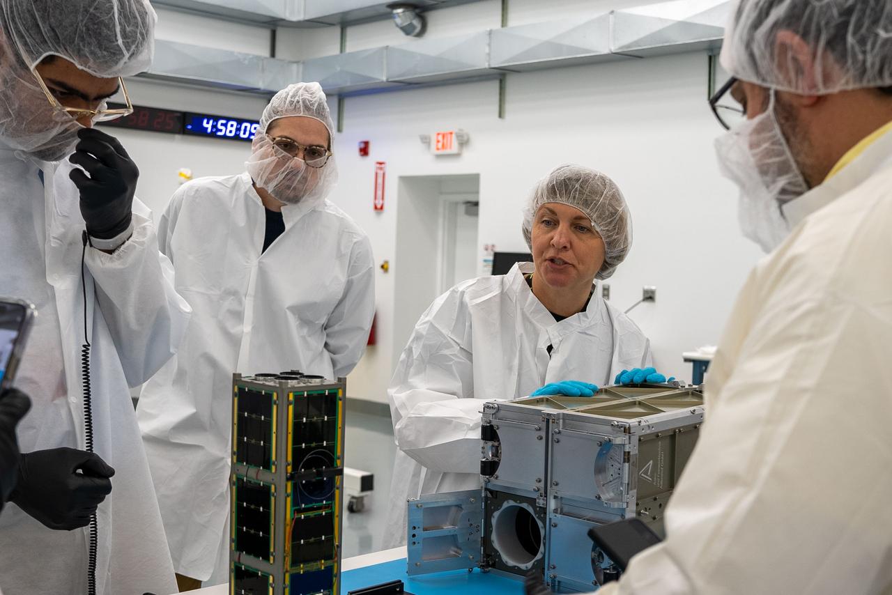 Technicians from the University of Maine prepare CubeSat MESAT-1 for integration at Firefly’s Payload Processing Facility at Vandenberg Space Force Base, California on Monday, April 22, 2024. MESAT-1, along with seven other payloads, will be integrated into a Firefly Aerospace Alpha rocket for NASA’s Educational Launch of Nanosatellites (ELaNa) 43 mission as part of the agency’s CubeSat Launch Initiative and Firefly’s Venture-Class Launch Services Demonstration 2 contract.