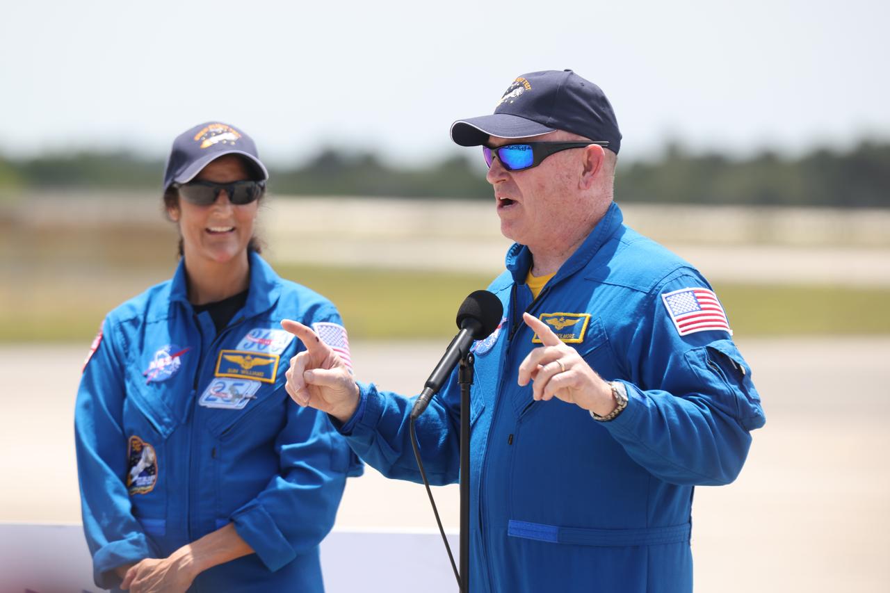 NASA astronauts Butch Wilmore and Suni Williams deliver remarks to members of the news media at the Launch and Landing Facility at NASA’s Kennedy Space Center in Florida following their arrival for the agency’s Boeing Crew Flight Test. As part of the agency’s Commercial Crew Program, Williams and Wilmore are the first crew to launch aboard Boeing’s Starliner spacecraft atop a United Launch Alliance Atlas V rocket from Space Launch Complex-41 at Cape Canaveral Space Force Station in Florida. Liftoff is scheduled for 10:34 p.m. ET on Monday, May 6.