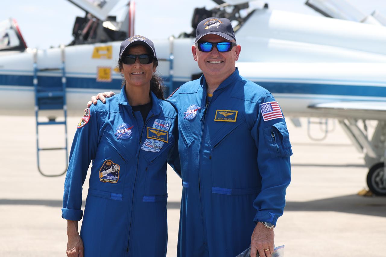 NASA astronauts Butch Wilmore and Suni Williams pose for photos at the Launch and Landing Facility at NASA’s Kennedy Space Center in Florida following their arrival for the agency’s Boeing Crew Flight Test. As part of the agency’s Commercial Crew Program, Williams and Wilmore are the first crew to launch aboard Boeing’s Starliner spacecraft atop a United Launch Alliance Atlas V rocket from Space Launch Complex-41 at Cape Canaveral Space Force Station in Florida. Liftoff is scheduled for 10:34 p.m. ET on Monday, May 6.