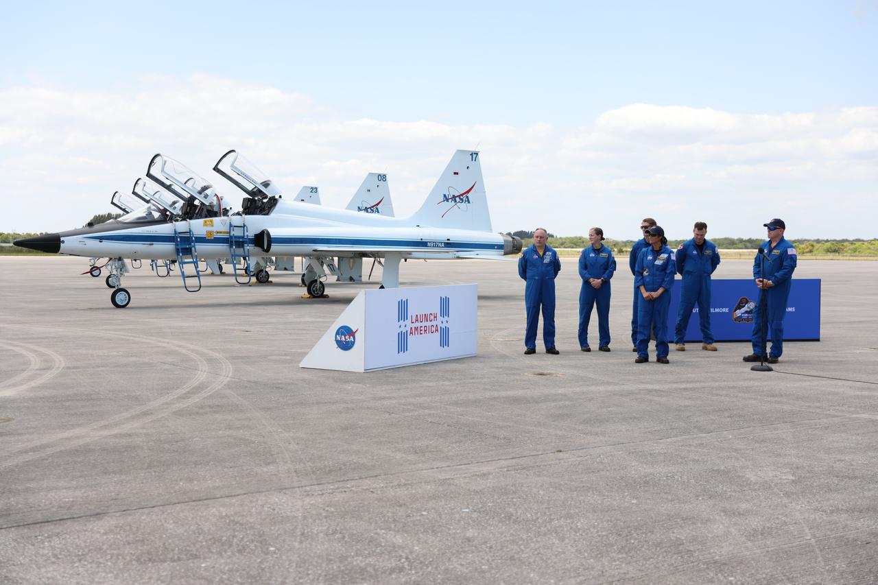 NASA astronauts pose for photos at the Launch and Landing Facility at NASA’s Kennedy Space Center in Florida following their arrival for the agency’s Boeing Crew Flight Test. As part of the agency’s Commercial Crew Program, NASA astronauts Suni Williams and Butch Wilmore are the first crew to launch aboard Boeing’s Starliner spacecraft atop a United Launch Alliance Atlas V rocket from Space Launch Complex-41 at Cape Canaveral Space Force Station in Florida. Liftoff is scheduled for 10:34 p.m. ET on Monday, May 6.