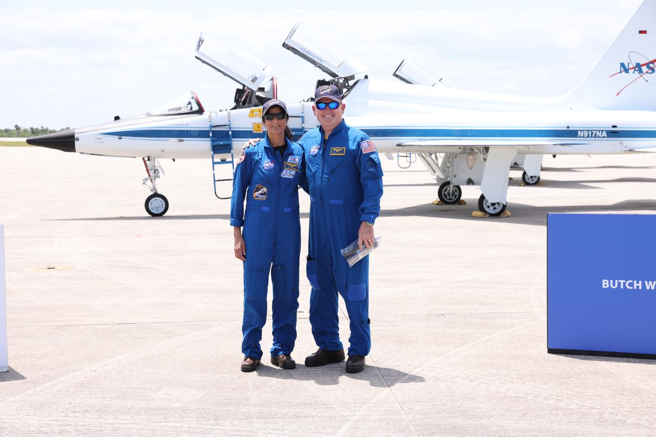 NASA astronauts Butch Wilmore and Suni Williams pose for photos at the Launch and Landing Facility at NASA’s Kennedy Space Center in Florida following their arrival for the agency’s Boeing Crew Flight Test. As part of the agency’s Commercial Crew Program, Williams and Wilmore are the first crew to launch aboard Boeing’s Starliner spacecraft atop a United Launch Alliance Atlas V rocket from Space Launch Complex-41 at Cape Canaveral Space Force Station in Florida. Liftoff is scheduled for 10:34 p.m. ET on Monday, May 6.