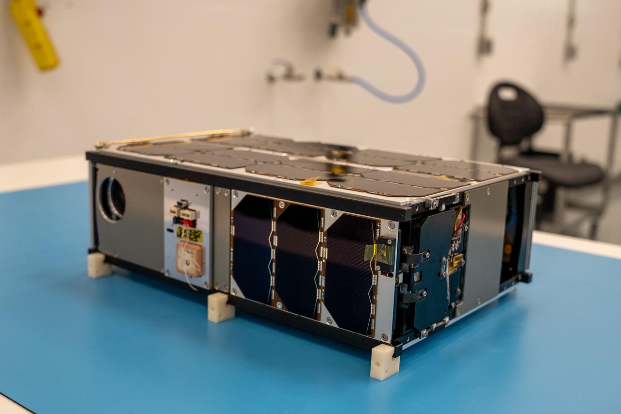 A CubeSat named CatSat from the University of Arizona awaits integration at Firefly’s Payload Processing Facility at Vandenberg Space Force Base, California on Thursday, April 25, 2024. CatSat, along with several other CubeSats, will launch to space on an Alpha rocket during NASA’s Educational Launch of Nanosatellites (ELaNa) 43 mission as part of the agency’s CubeSat Launch Initiative and Firefly’s Venture-Class Launch Services Demonstration 2 contract.
