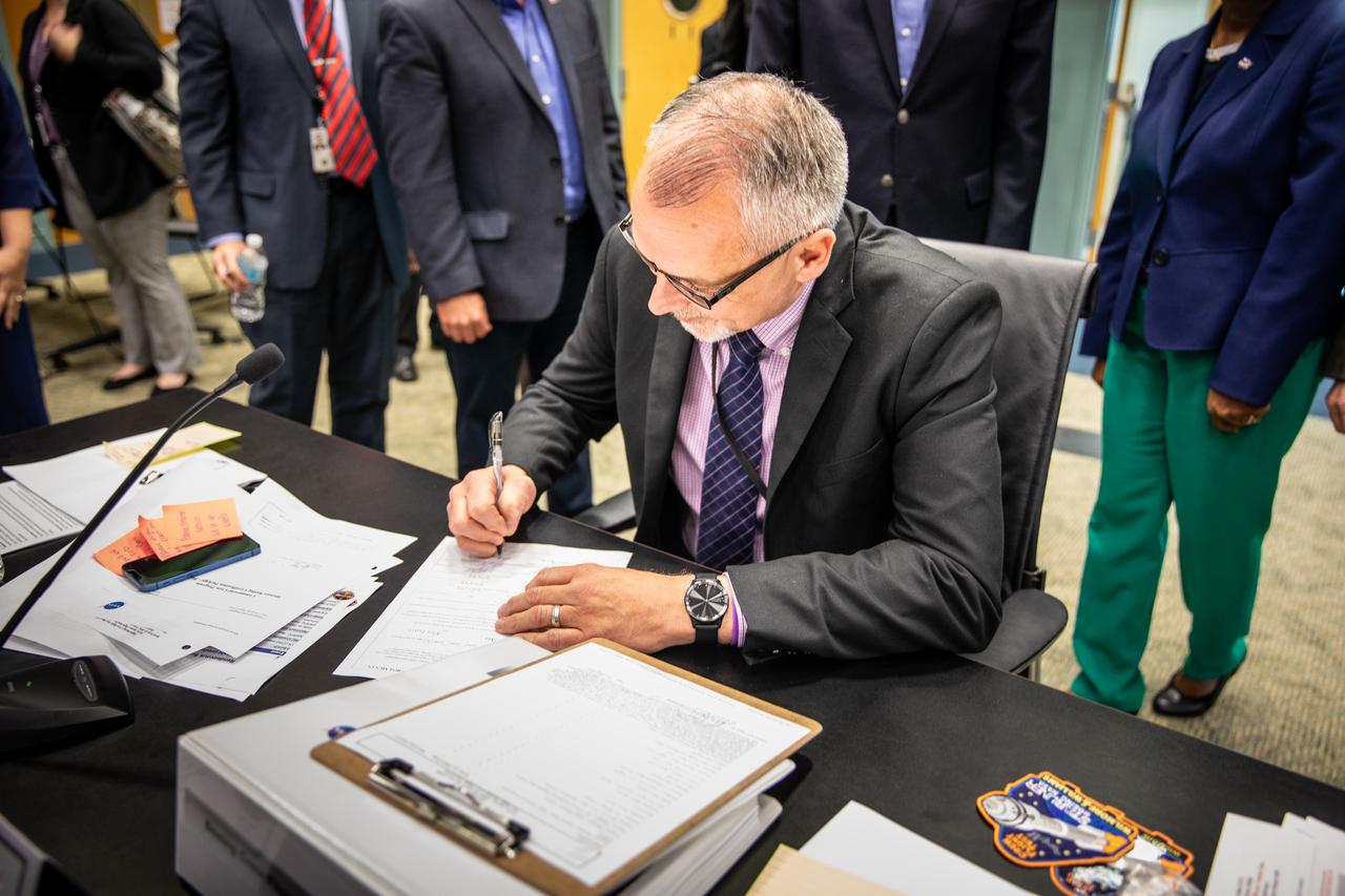 Jim Free, NASA associate administrator participates in a Flight Test Readiness Review for NASA’s Boeing Crew Flight Test at the agency’s Kennedy Space Center in Florida on Thursday, April 24, 2024. As part of the agency’s Commercial Crew Program, NASA astronauts Butch Wilmore and Suni Williams are the first to launch to the International Space Station aboard Boeing’s Starliner spacecraft atop a United Launch Alliance Atlas V rocket from Space Launch Complex-41 at Cape Canaveral Space Force Station in Florida. Liftoff is scheduled for 10:34 p.m. ET on Monday, May 6.