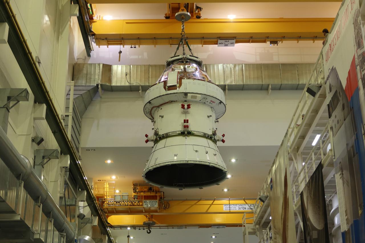 The Orion spacecraft crew for NASA’s Artemis II mission is photographed being transferred across the Neil Armstrong Operations and Checkout Building at NASA’s Kennedy Space Center in Florida on Saturday, April 27, 2024 following a series of electromagnetic compatibility and interference testing.