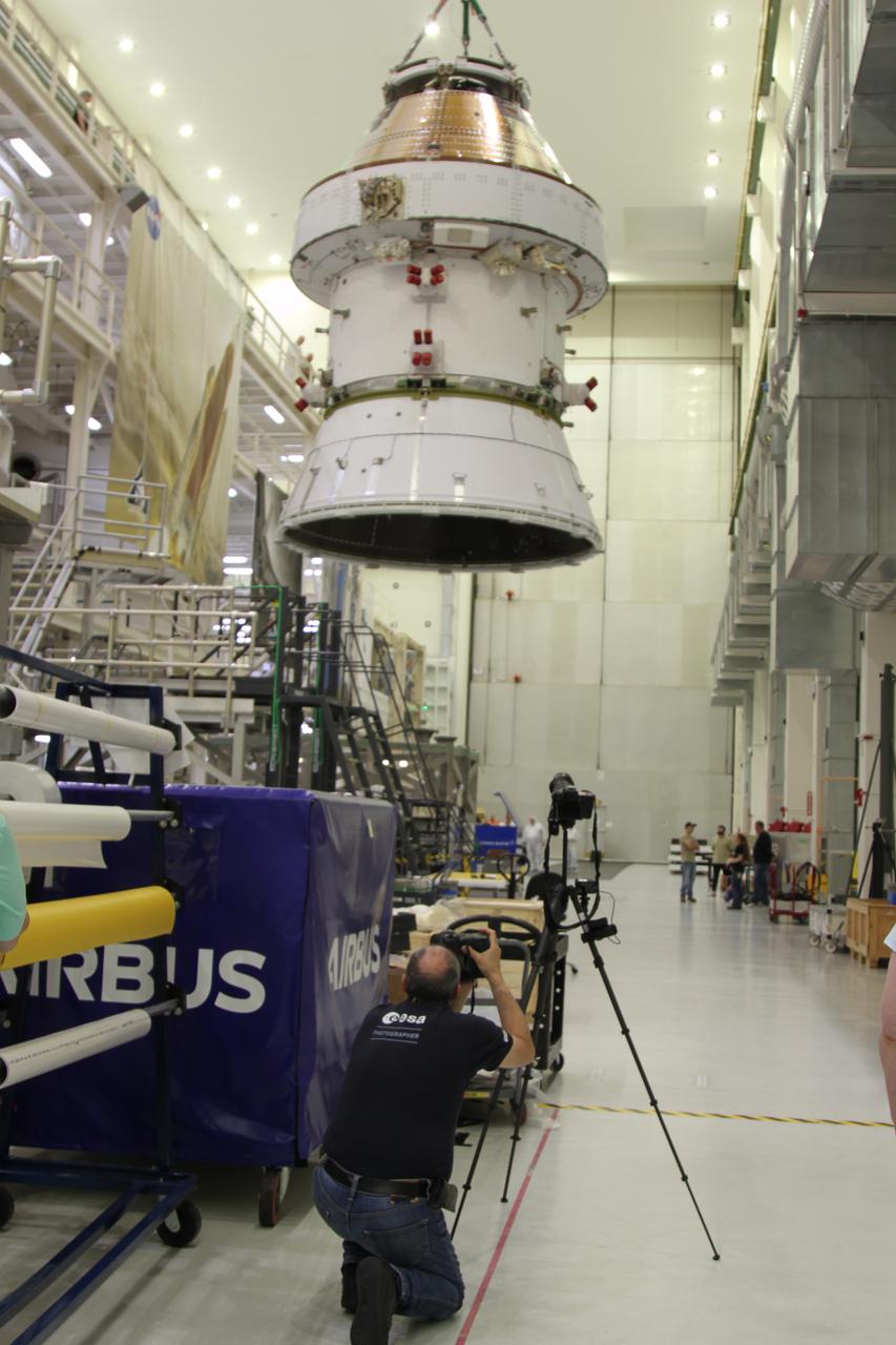 The Orion spacecraft crew for NASA’s Artemis II mission is photographed being transferred across the Neil Armstrong Operations and Checkout Building at NASA’s Kennedy Space Center in Florida on Saturday, April 27, 2024 following a series of electromagnetic compatibility and interference testing. 
