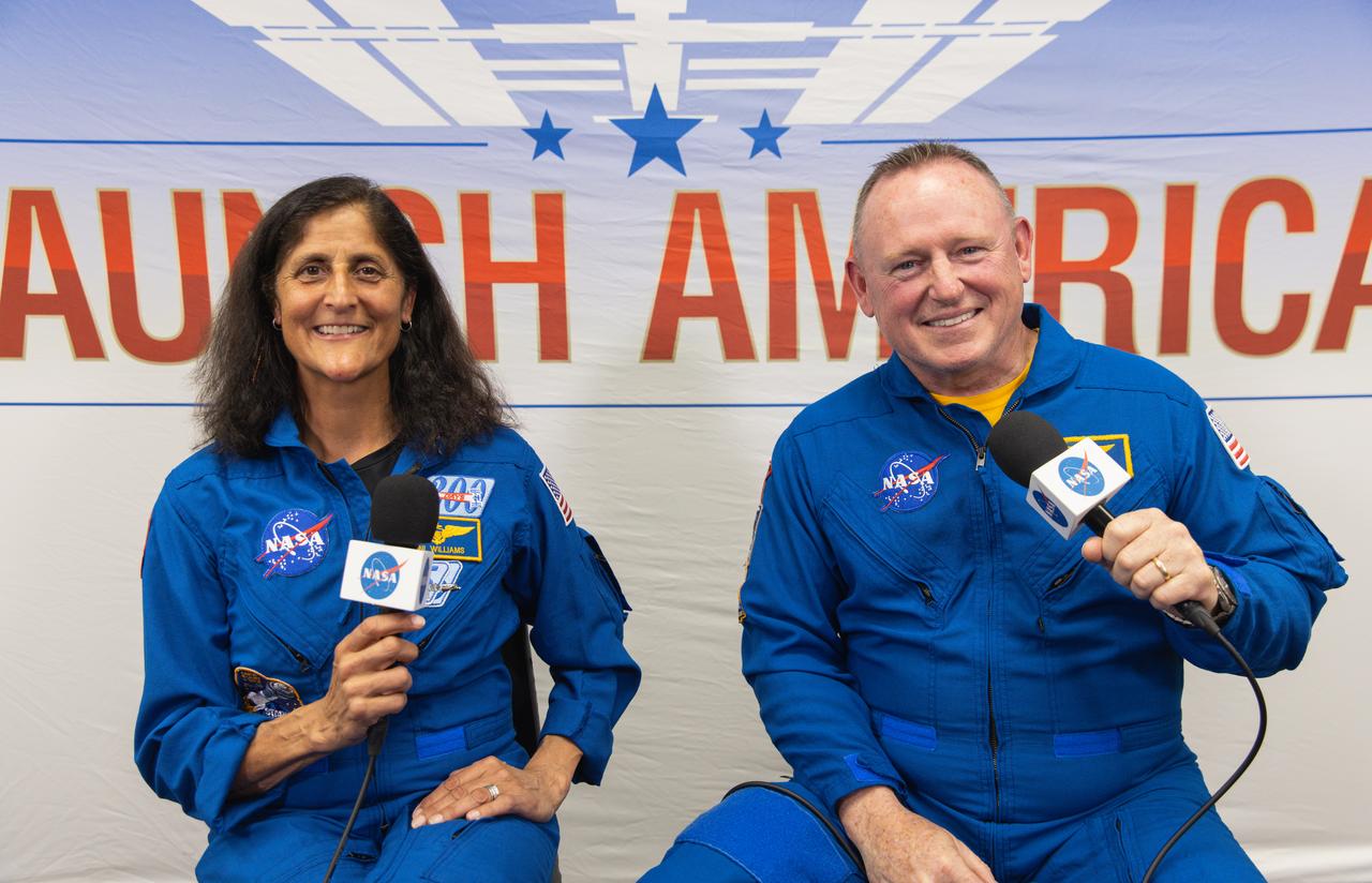 NASA astronauts Suni Williams and Butch Wilmore participate in a virtual media engagement event from inside the Astronaut Crew Quarters in the Neil A. Armstrong Operations and Checkout Facility at the agency’s Kennedy Space Center in Florida on Wednesday, May 1, 2024. Wilmore and Williams will launch on NASA’s Boeing Crew Flight Test aboard the company’s Starliner spacecraft atop a ULA (United Launch Alliance) Atlas V rocket from Space Launch Complex-41 at nearby Cape Canaveral Space Force Station. Liftoff is scheduled for 10:34 p.m. ET on Monday, May 6. 