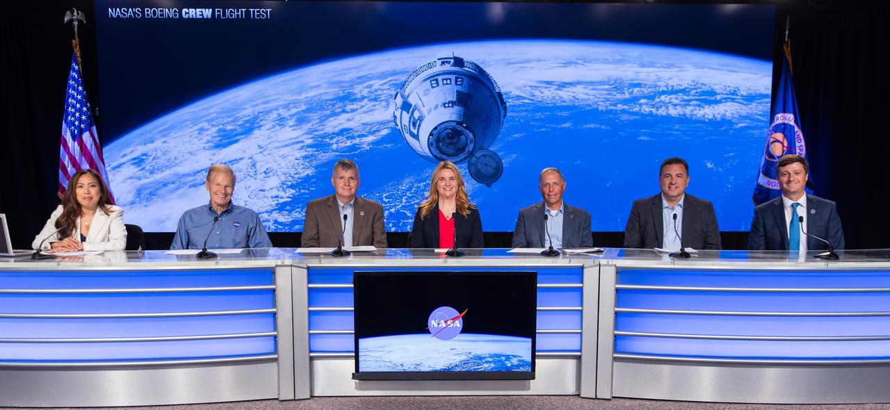Officials from NASA, Boeing, ULA (United Launch Alliance) , and the U.S. Space Force 45th Weather Squadron participate in a prelaunch briefing for NASA’s Boeing Crew Flight Test at the agency’s Kennedy Space Center in Florida, Friday, May 3, 2024. From left to right at the dais are Megan Cruz, NASA Communications; Bill Nelson, NASA administrator; Steve Stich, manager, NASA’s Commercial Crew Program; Dana Weigel, manager, NASA’s International Space Station Program; Jennifer Buchli, chief scientist, NASA’s International Space Station Program; Mark Nappi, vice president and program manager, Boeing Commercial Crew Program; Gary Wentz, vice president, Government and Commercial Programs, ULA; Brian Cizek, launch weather officer, U.S. Space Force, 45th Weather Squadron. As part of the agency’s Commercial Crew Program, NASA astronauts Butch Wilmore and Suni Williams are the first to launch aboard Boeing’s Starliner spacecraft atop a ULA Atlas V rocket from Space Launch Complex-41 at Cape Canaveral Space Force Station in Florida. Liftoff is scheduled for 10:34 p.m. ET on Monday, May 6.