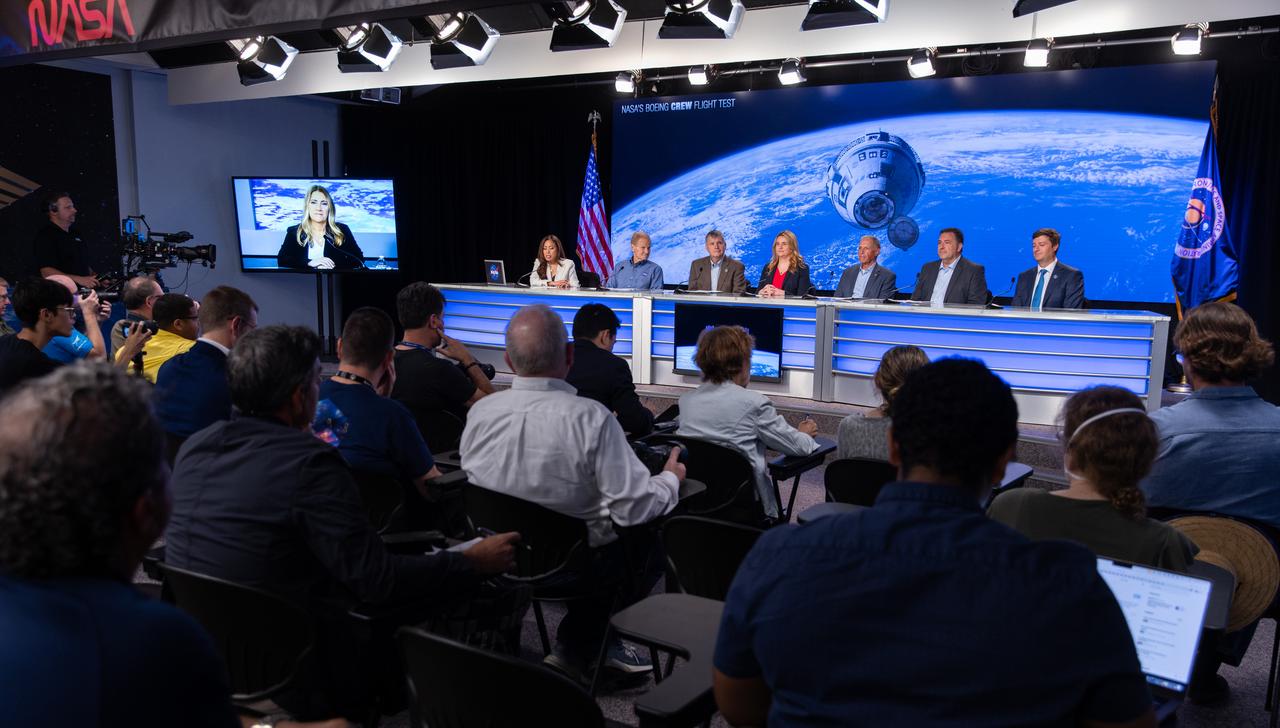Officials from NASA, Boeing, ULA (United Launch Alliance) , and the U.S. Space Force 45th Weather Squadron participate in a prelaunch briefing for NASA’s Boeing Crew Flight Test at the agency’s Kennedy Space Center in Florida, Friday, May 3, 2024. From left to right at the dais are Megan Cruz, NASA Communications; Bill Nelson, NASA administrator; Steve Stich, manager, NASA’s Commercial Crew Program; Dana Weigel, manager, NASA’s International Space Station Program; Jennifer Buchli, chief scientist, NASA’s International Space Station Program; Mark Nappi, vice president and program manager, Boeing Commercial Crew Program; Gary Wentz, vice president, Government and Commercial Programs, ULA; Brian Cizek, launch weather officer, U.S. Space Force, 45th Weather Squadron. As part of the agency’s Commercial Crew Program, NASA astronauts Butch Wilmore and Suni Williams are the first to launch aboard Boeing’s Starliner spacecraft atop a ULA Atlas V rocket from Space Launch Complex-41 at Cape Canaveral Space Force Station in Florida. Liftoff is scheduled for 10:34 p.m. ET on Monday, May 6.