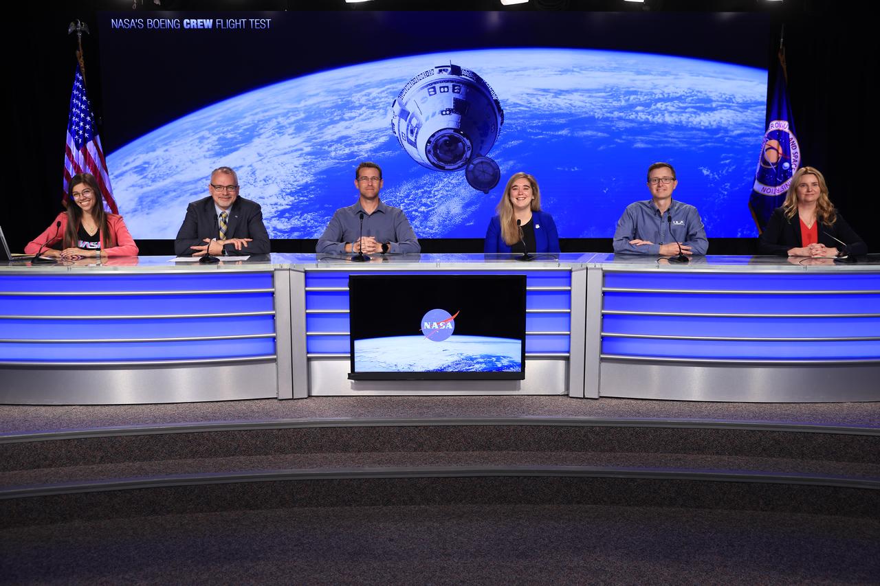 A social media panel discussion takes place at NASA’s Kennedy Space Center in Florida on Friday, May 3, 2024, ahead of NASA’s Boeing Crew Flight Test. Participants, from left to right are Antonia Jaramillo, NASA Communications; Jim Free, NASA associate administrator; Ian Kappes, deputy launch vehicle office manager, NASA’s Commercial Crew Program; Amy Comeau Denker, Starliner associate chief engineer, Boeing; Caleb Weiss, system engineering & test leader, ULA (United Launch Alliance); and Jennifer Buchli, chief scientist, NASA’s International Space Station Program. NASA astronauts Butch Wilmore and Suni Williams are the first to launch aboard Boeing’s Starliner spacecraft atop a ULA Atlas V rocket from Space Launch Complex-41 at Cape Canaveral Space Force Station in Florida. Liftoff is scheduled for 4:43 p.m. ET on Tuesday, May 21.