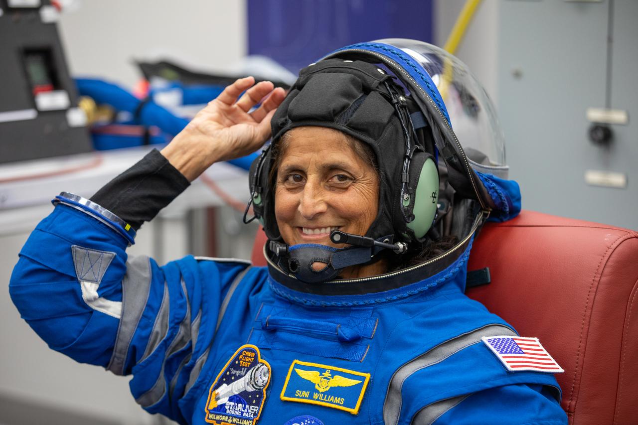 During the first launch attempt of NASA’s Boeing Crew Flight Test, NASA astronaut Suni Williams is photographed inside the crew suit-up room in the Neil A. Armstrong Operations and Checkout Building at NASA’s Kennedy Space Center in Florida on Monday, May 6, 2024. As part of the agency’s Commercial Crew Program, the first crewed launch to the International Space Station aboard Boeing’s Starliner spacecraft atop a United Launch Alliance Atlas V rocket from Space Launch Complex-41 at nearby Cape Canaveral Space Force Station was targeted for 10:34 p.m. ET but scrubbed for the day.