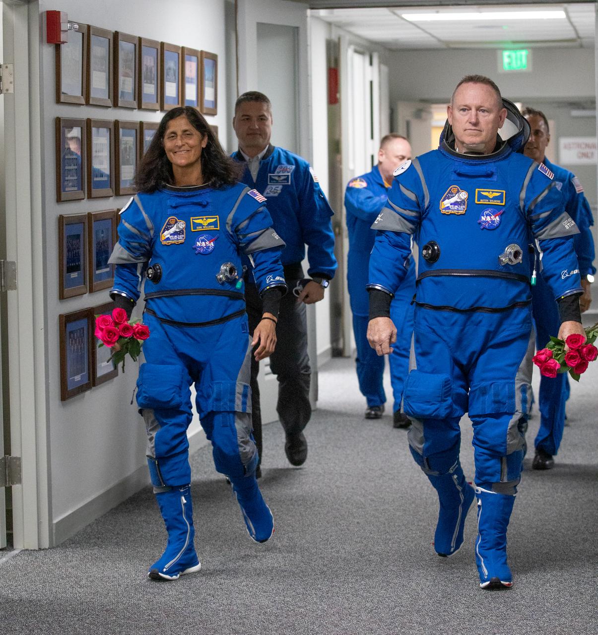 During the first launch attempt of NASA’s Boeing Crew Flight Test, NASA astronauts Butch Wilmore and Suni Williams are photographed inside the Neil A. Armstrong Operations and Checkout Building at NASA’s Kennedy Space Center in Florida on Monday, May 6, 2024. As part of the agency’s Commercial Crew Program, the first crewed launch to the International Space Station aboard Boeing’s Starliner spacecraft atop a United Launch Alliance Atlas V rocket from Space Launch Complex-41 at nearby Cape Canaveral Space Force Station was targeted for 10:34 p.m. ET but scrubbed for the day.