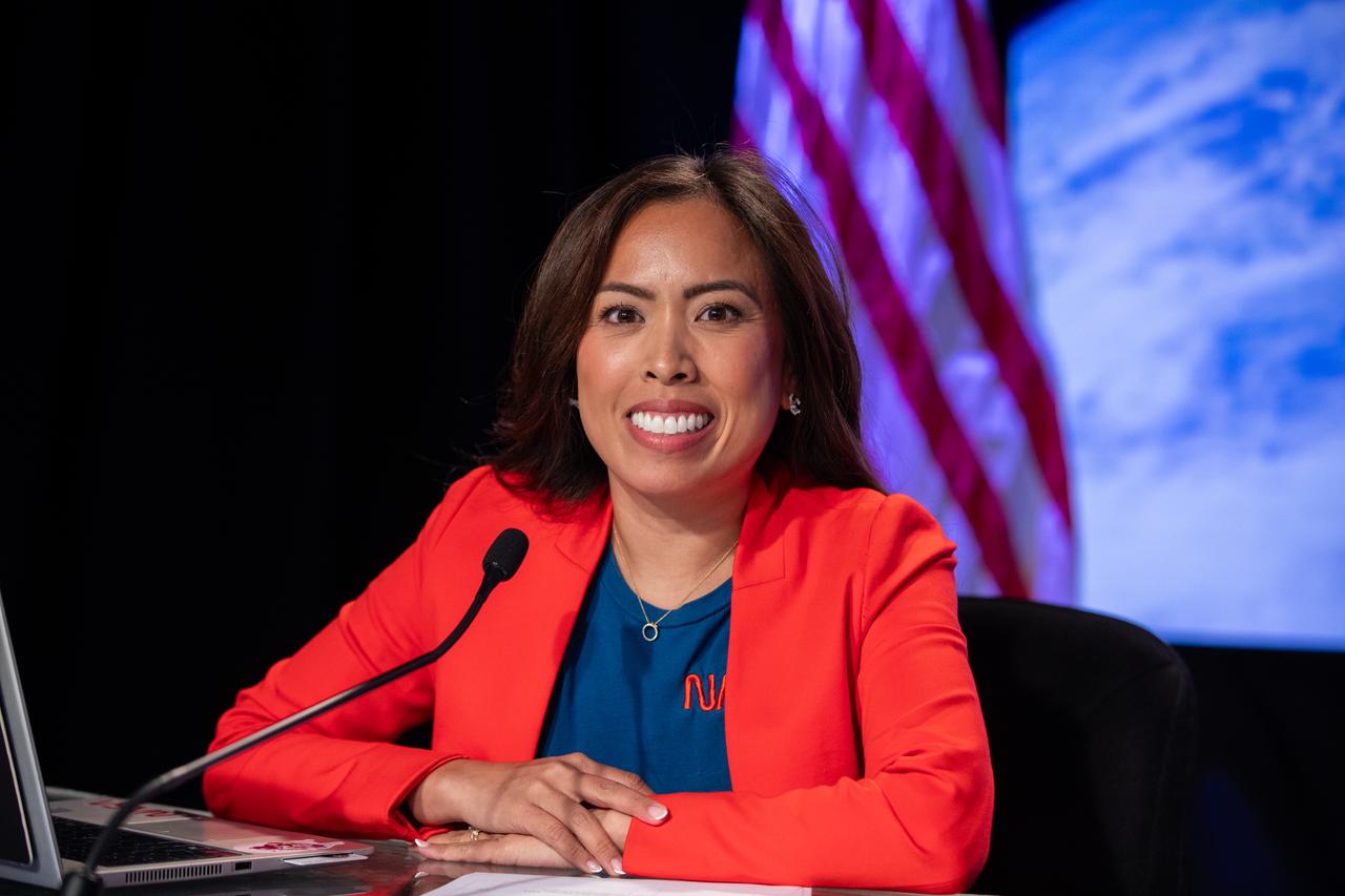Megan Cruz, NASA communications, is photographed during a news conference held on Monday, May 6, 2024, at the agency’s Kennedy Space Center in Florida following the first launch attempt of NASA’s Boeing Crew Flight Test. As part of the agency’s Commercial Crew Program, the first crewed launch to the International Space Station aboard Boeing’s Starliner spacecraft atop a United Launch Alliance Atlas V rocket from Space Launch Complex-41 at nearby Cape Canaveral Space Force Station was targeted for 10:34 p.m. ET but scrubbed for the day.