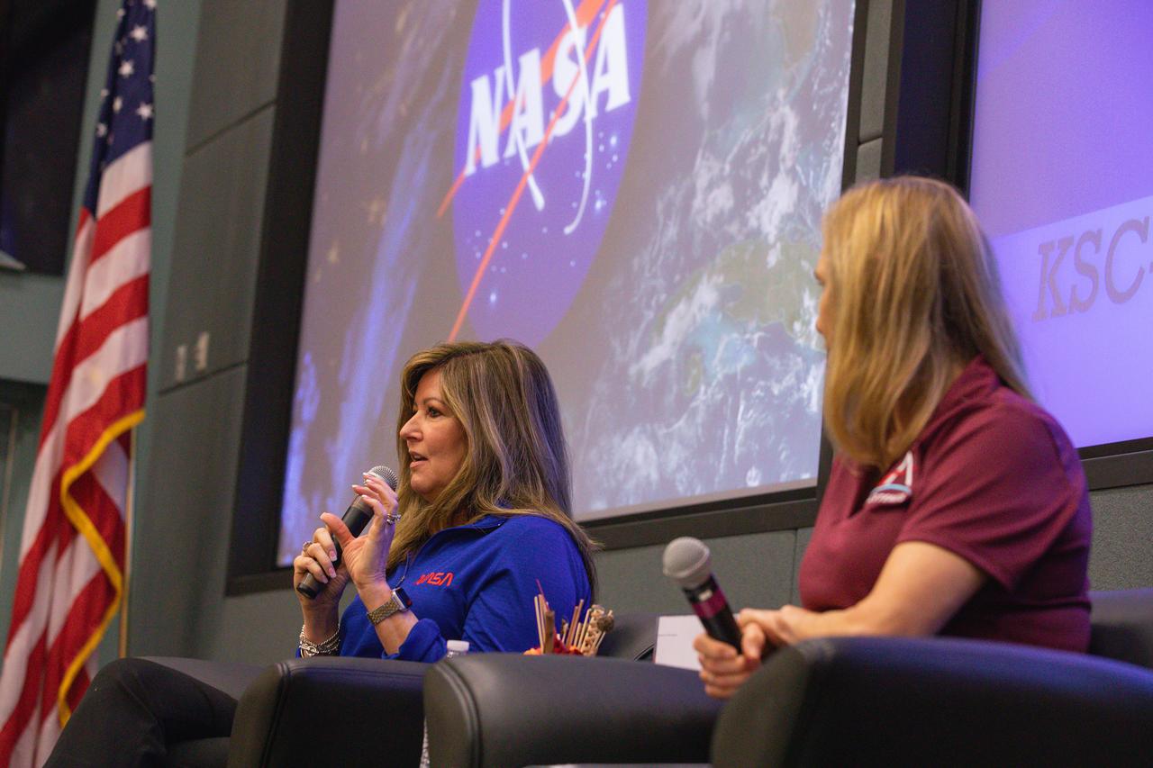 From left, Jennifer Kunz, associate director, technical, and Janet Petro, center director, at NASA’s Kennedy Space Center in Florida participate in an employee town hall meeting held on Thursday, May 9, 2024, at Kennedy’s Operations Support Building II. Center leadership provided the workforce a center update, safety presentation, and answered employee questions during the town hall. 