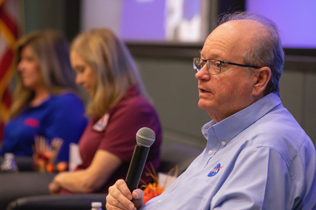 From left, Jennifer Kunz, associate director, technical; Janet Petro, center director; and Burt Summerfield, associate director, management, at NASA’s Kennedy Space Center in Florida participate in an employee town hall meeting held on Thursday, May 9, 2024, at Kennedy’s Operations Support Building II. Center leadership provided the workforce a center update, safety presentation, and answered employee questions during the town hall. 