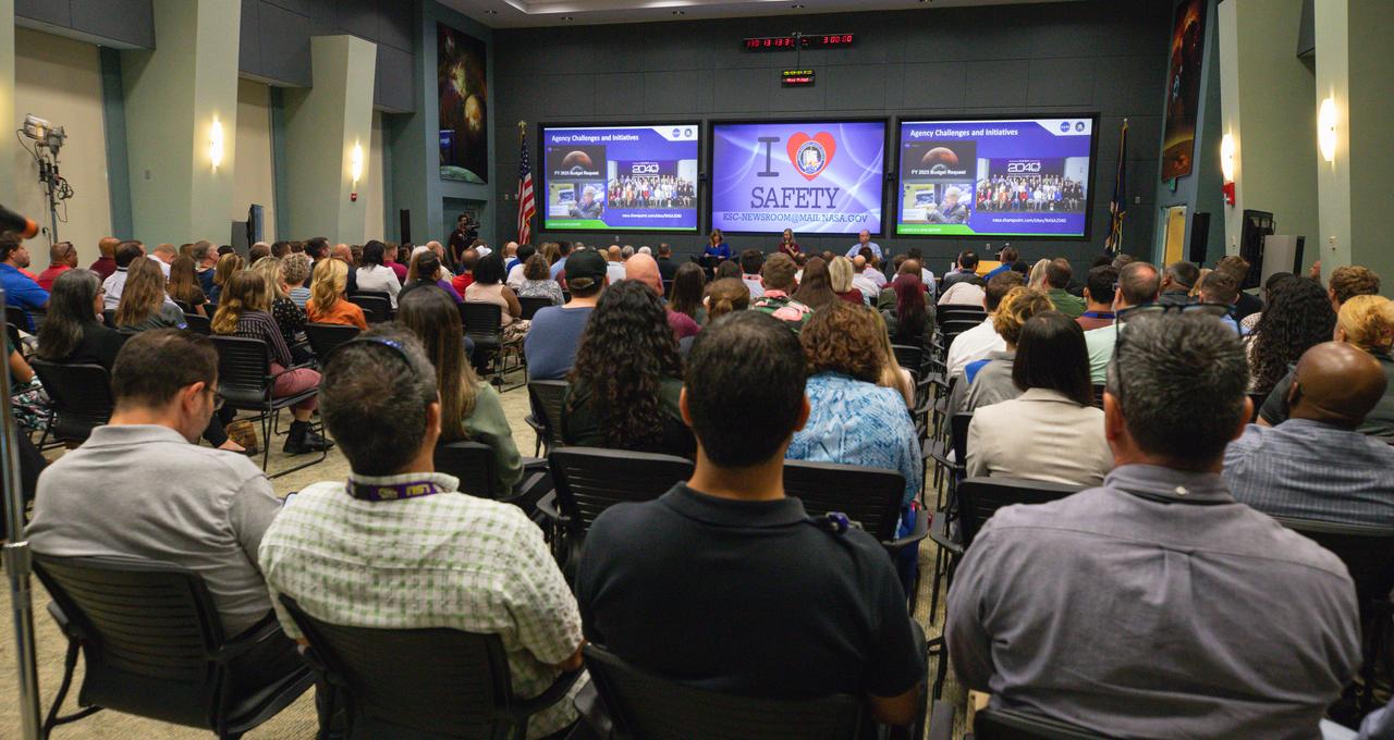 From left, Jennifer Kunz, associate director, technical; Janet Petro, center director; and Burt Summerfield, associate director, management, at NASA’s Kennedy Space Center in Florida participate in an employee town hall meeting held on Thursday, May 9, 2024, at Kennedy’s Operations Support Building II. Center leadership provided the workforce a center update, safety presentation, and answered employee questions during the town hall. 