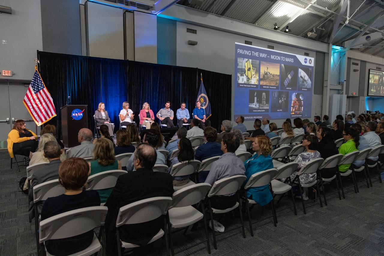 NASA Kennedy Space Center Director Janet Petro, with senior leaders of NASA and center programs, holds a Community Leaders Update on Thursday, May 23, 2024, at the Kennedy Space Center Visitor Complex. The panel discussed how programs based at NASA Kennedy support the agency’s efforts to return humans to the Moon and prepare for Mars, and they answered questions from guests. From second to left, Jenny Lyons, deputy manager, Launch Services Program; Dana Hutcherson, deputy manager, Commercial Crew Program; Jeremy Parsons, deputy manager, Exploration Ground Systems; Emilio Cruz, deputy director, Exploration Research and Technology Programs; and Mark Weise, manager, Gateway Deep Space Logistics.