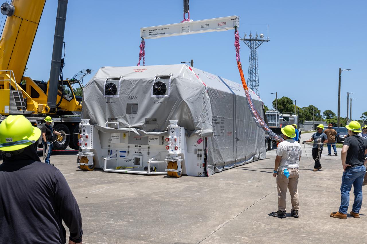 NASA’s largest planetary mission spacecraft, Europa Clipper, arrives at the Payload Hazardous Servicing Facility at the agency’s Kennedy Space Center in Florida on Friday, May 24, 2024. Slated to launch aboard a SpaceX Falcon Heavy rocket later this year from Launch Complex 39A at Kennedy, Europa Clipper will help determine if conditions exist below the surface Jupiter’s fourth largest moon, Europa, that could support life. 