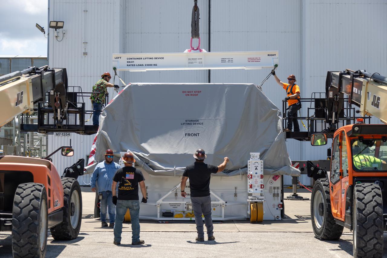 NASA’s largest planetary mission spacecraft, Europa Clipper, arrives at the Payload Hazardous Servicing Facility at the agency’s Kennedy Space Center in Florida on Friday, May 24, 2024. Slated to launch aboard a SpaceX Falcon Heavy rocket later this year from Launch Complex 39A at Kennedy, Europa Clipper will help determine if conditions exist below the surface Jupiter’s fourth largest moon, Europa, that could support life. 