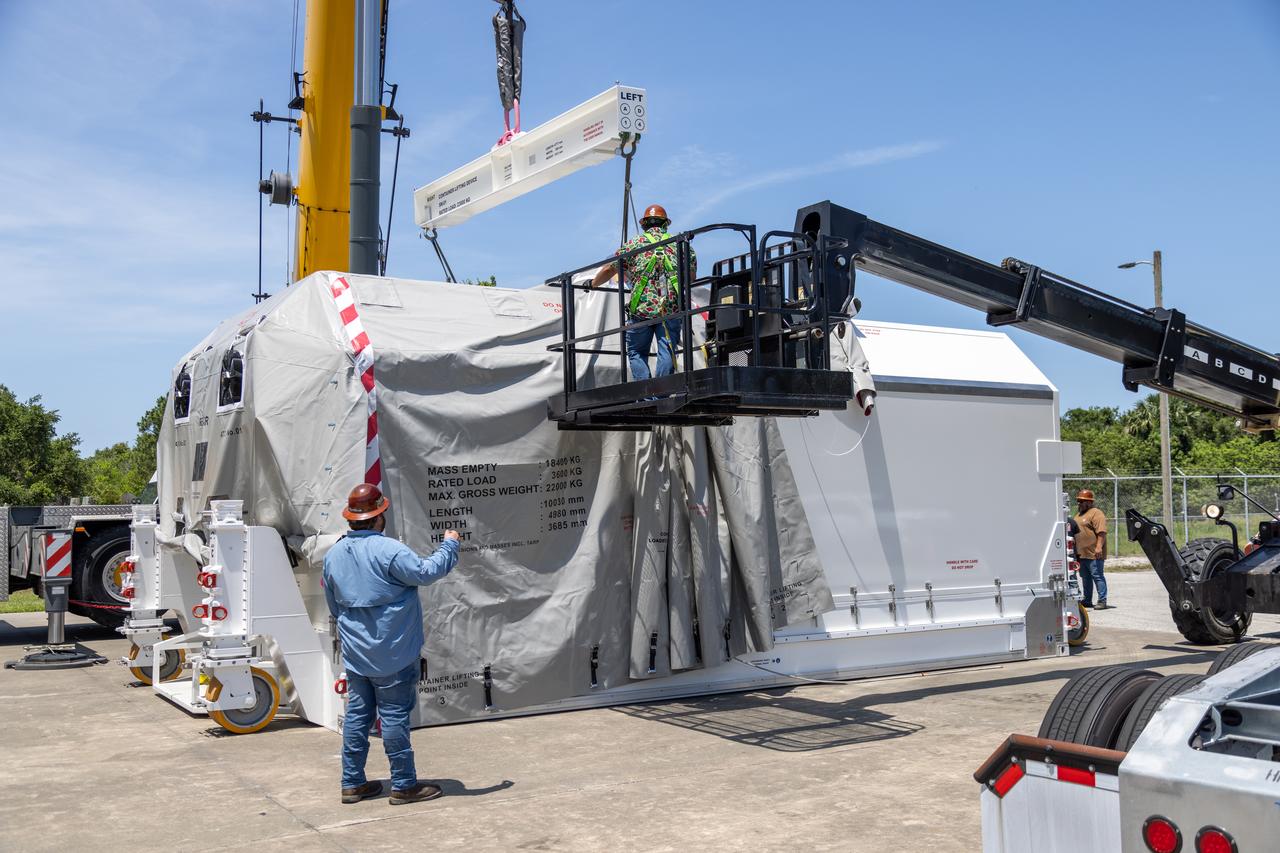 NASA’s largest planetary mission spacecraft, Europa Clipper, arrives at the Payload Hazardous Servicing Facility at the agency’s Kennedy Space Center in Florida on Friday, May 24, 2024. Slated to launch aboard a SpaceX Falcon Heavy rocket later this year from Launch Complex 39A at Kennedy, Europa Clipper will help determine if conditions exist below the surface Jupiter’s fourth largest moon, Europa, that could support life. 
