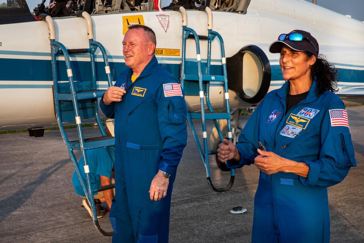 NASA astronauts Butch Wilmore and Suni Williams arrive back at the Launch and Landing Facility at the agency’s Kennedy Space Center in Florida on Tuesday, May 28, 2024, ahead of NASA’s Boeing Crew Flight Test. The first launch attempt on May 6 was scrubbed. As part of the agency’s Commercial Crew Program, Wilmore and Williams are the first to launch to the International Space Station aboard Boeing’s Starliner spacecraft atop a United Launch Alliance Atlas V rocket from Space Launch Complex-41 at nearby Cape Canaveral Space Force Station. Liftoff is scheduled for 12:25 p.m. EDT on Saturday, June 1.