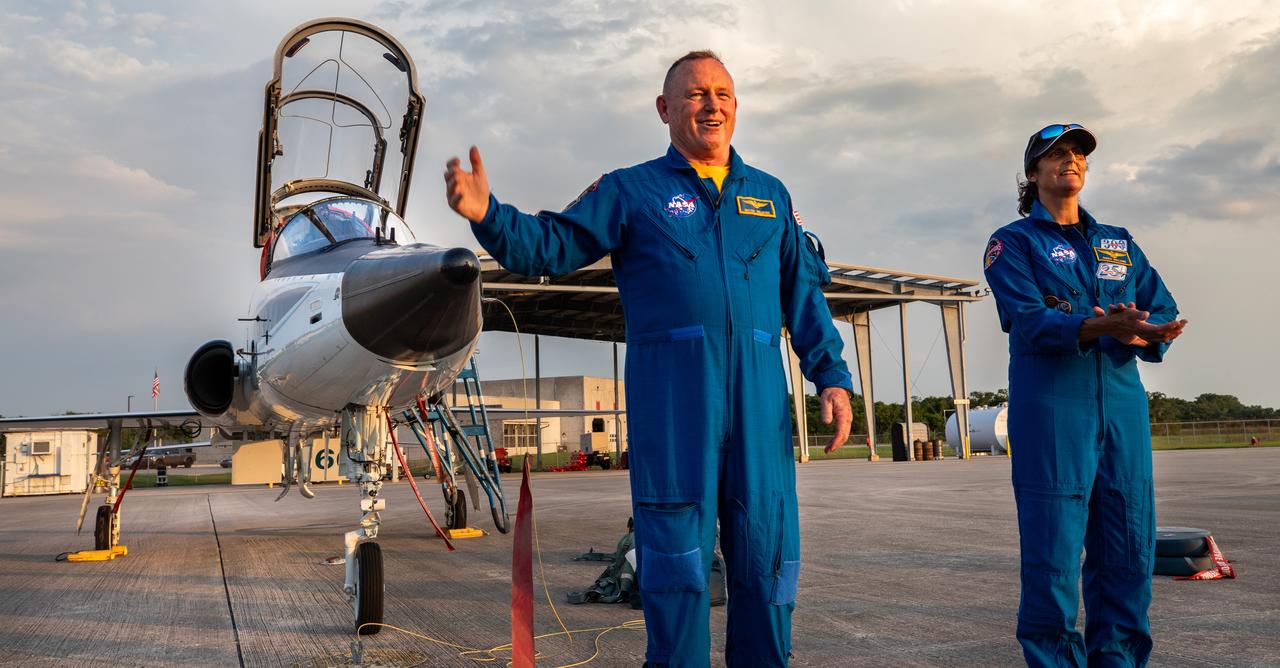 NASA astronauts Butch Wilmore and Suni Williams arrive back at the Launch and Landing Facility at the agency’s Kennedy Space Center in Florida on Tuesday, May 28, 2024, ahead of NASA’s Boeing Crew Flight Test. The first launch attempt on May 6 was scrubbed. As part of the agency’s Commercial Crew Program, Wilmore and Williams are the first to launch to the International Space Station aboard Boeing’s Starliner spacecraft atop a United Launch Alliance Atlas V rocket from Space Launch Complex-41 at nearby Cape Canaveral Space Force Station. Liftoff is scheduled for 12:25 p.m. EDT on Saturday, June 1.