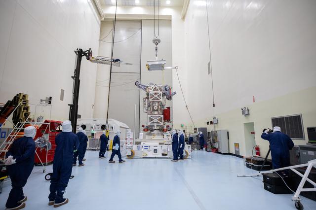 NASA image: Europa Clipper Spacecraft Rotate to Vertical, Lift and Mate to Work Stand