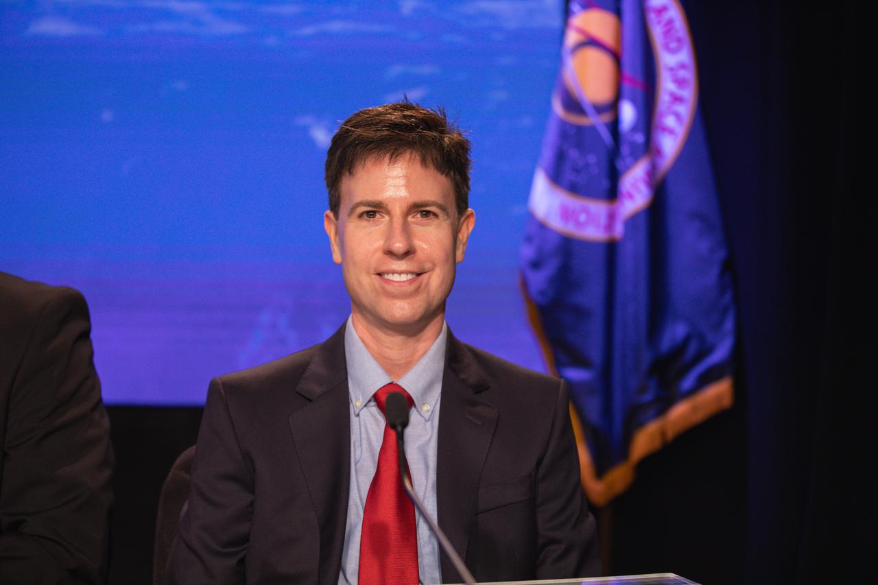 Mark Burger, launch weather officer, U.S. Space Force, 45th Weather Squadron, participates in a prelaunch briefing for NASA’s Boeing Crew Flight Test at the agency’s Kennedy Space Center in Florida, Friday, May 31, 2024. As part of the agency’s Commercial Crew Program, NASA astronauts Butch Wilmore and Suni Williams are the first to launch aboard Boeing’s Starliner spacecraft atop a United Launch Alliance Atlas V rocket from Space Launch Complex-41 at Cape Canaveral Space Force Station in Florida. Liftoff is scheduled for 12:25 p.m. ET on Saturday, June 1.
