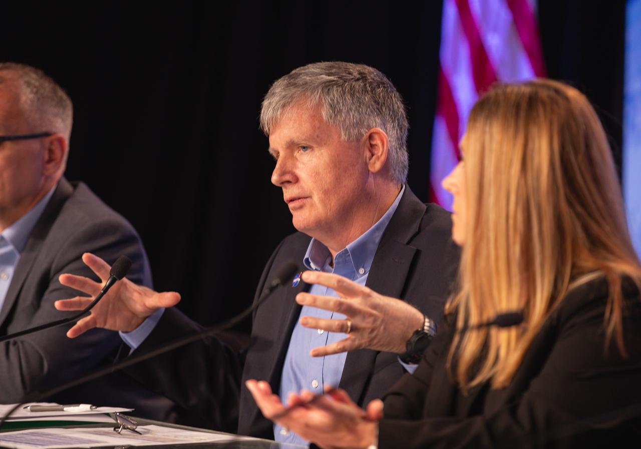 From left to right Jim Free, NASA associate administrator; Steve Stich, manager, NASA’s Commercial Crew Program; and Dana Weigel, manager, NASA’s International Space Station Program participate in a prelaunch briefing for NASA’s Boeing Crew Flight Test at the agency’s Kennedy Space Center in Florida, Friday, May 31, 2024. As part of the agency’s Commercial Crew Program, NASA astronauts Butch Wilmore and Suni Williams are the first to launch aboard Boeing’s Starliner spacecraft atop a ULA Atlas V rocket from Space Launch Complex-41 at Cape Canaveral Space Force Station in Florida. Liftoff is scheduled for 12:25 p.m. ET on Saturday, June 1.