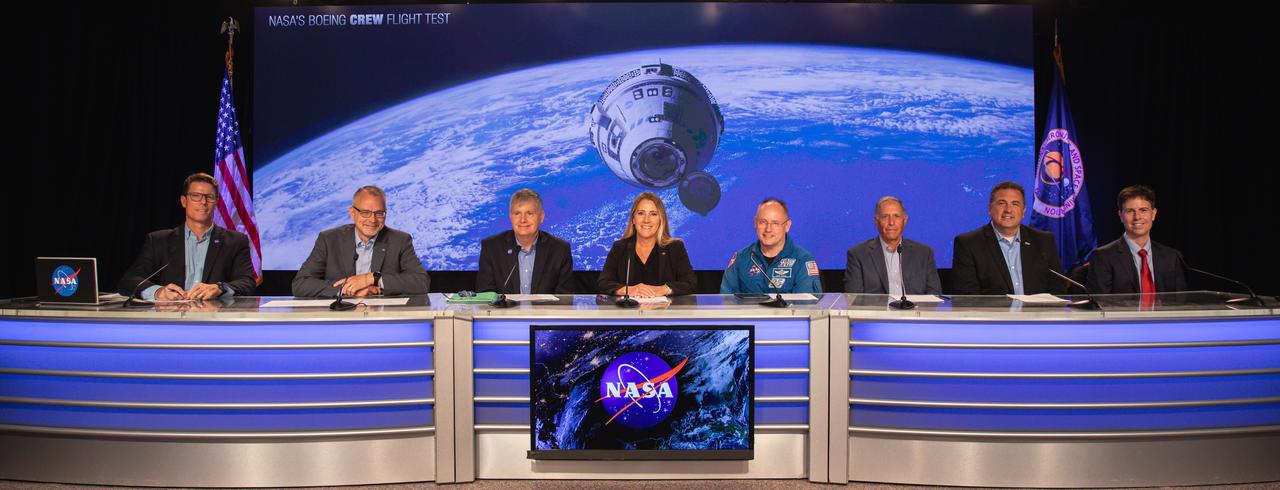 Officials from NASA, Boeing, ULA (United Launch Alliance), and the U.S. Space Force 45th Weather Squadron participate in a prelaunch briefing for NASA’s Boeing Crew Flight Test at the agency’s Kennedy Space Center in Florida, Friday, May 31, 2024. From left to right at the dais are Derrol Nail, NASA Communications; Jim Free, NASA associate administrator; Steve Stich, manager, NASA’s Commercial Crew Program; Dana Weigel, manager, NASA’s International Space Station Program; Mike Fincke, NASA astronaut; Mark Nappi, vice president and program manager, Boeing Commercial Crew Program; Gary Wentz, vice president, Government and Commercial Programs, ULA; Mark Burger, launch weather officer, U.S. Space Force, 45th Weather Squadron. As part of the agency’s Commercial Crew Program, NASA astronauts Butch Wilmore and Suni Williams are the first to launch aboard Boeing’s Starliner spacecraft atop a ULA Atlas V rocket from Space Launch Complex-41 at Cape Canaveral Space Force Station in Florida. Liftoff is scheduled for 12:25 p.m. ET on Saturday, June 1.