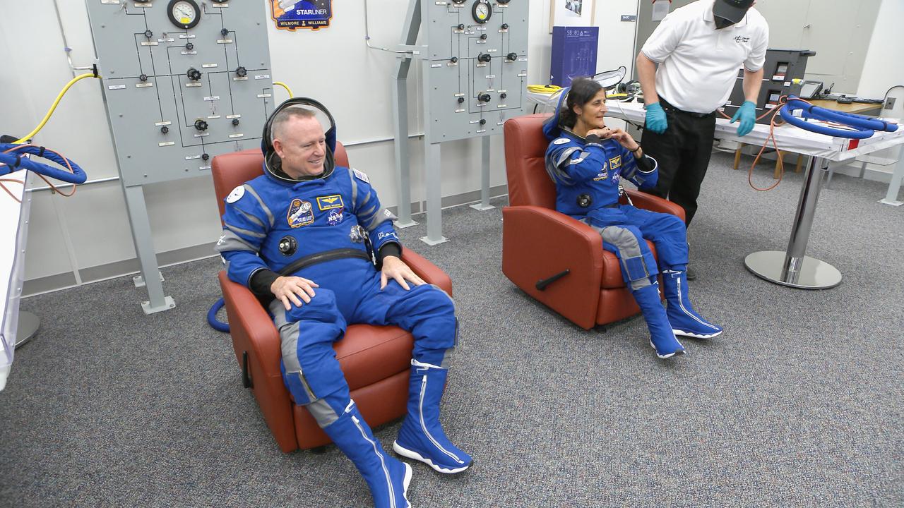 NASA’s Boeing Crew Flight Test astronauts Butch Wilmore and Suni Williams relax inside the crew suit-up room inside the Neil A. Armstrong Operations and Checkout Building at NASA’s Kennedy Space Center in Florida during a launch attempt on Saturday, June 1, 2024. As part of the agency’s Commercial Crew Program, Wilmore and Williams are preparing for the first crewed launch to the International Space Station aboard Boeing’s Starliner spacecraft atop a United Launch Alliance Atlas V rocket from Space Launch Complex-41 at nearby Cape Canaveral Space Force Station. Liftoff was targeted for 12:25 p.m. EDT but scrubbed for the day.