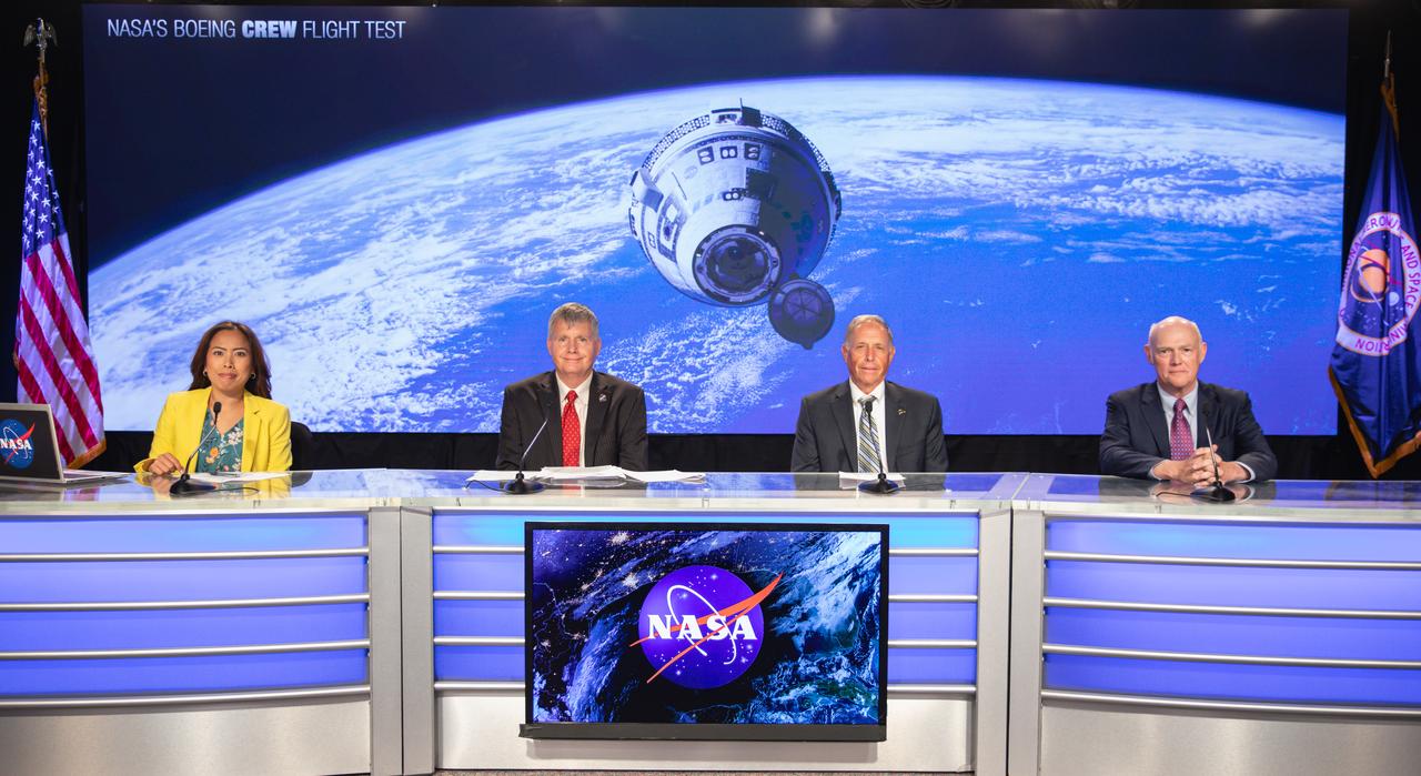 A news conference is held at the agency’s Kennedy Space Center in Florida on Saturday, June 1, 2024, after the second launch attempt of NASA’s Boeing Crew Flight Test scrubbed for the day. As part of the agency’s Commercial Crew Program, NASA astronauts Butch Wilmore and Suni Williams will be the first to launch to the International Space Station aboard Boeing’s Starliner spacecraft atop a ULA (United Launch Alliance) Atlas V rocket from Space Launch Complex-41 at nearby Cape Canaveral Space Force Station. Participants, from left to right, are Megan Cruz, NASA Communications; Steve Stich, NASA Commercial Crew Program manager; Mark Nappi, vice president and program manager for the Commercial Crew Program at Boeing; and Tory Bruno, ULA president and CEO.