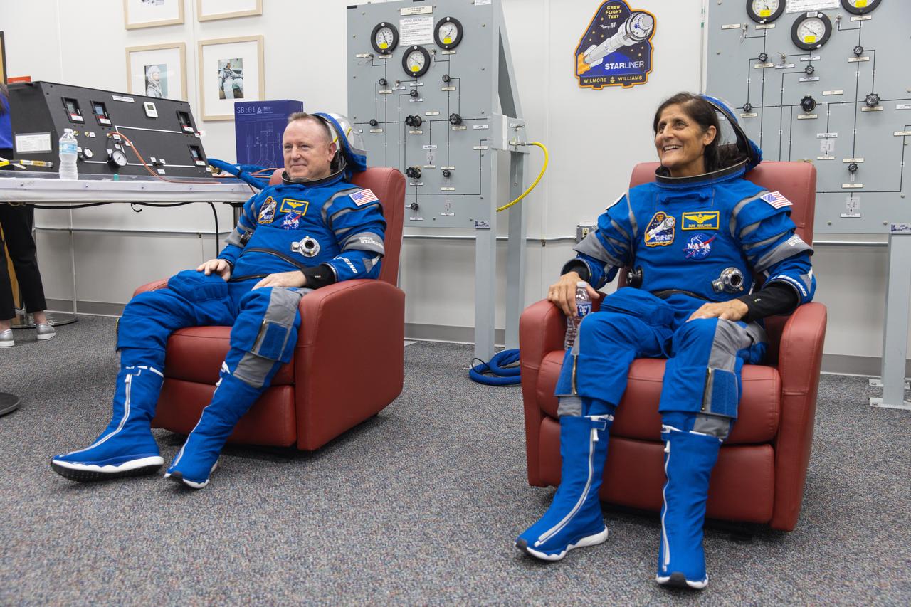 NASA’s Boeing Crew Flight Test astronauts Butch Wilmore and Suni Williams relax inside the crew suit-up room inside the Neil A. Armstrong Operations and Checkout Building at NASA’s Kennedy Space Center in Florida on Wednesday, June 5, 2024. As part of the agency’s Commercial Crew Program, Wilmore and Williams are preparing for the first crewed launch to the International Space Station aboard Boeing’s Starliner spacecraft atop a United Launch Alliance Atlas V rocket from Space Launch Complex-41 at nearby Cape Canaveral Space Force Station at 10:52 a.m. EDT.
