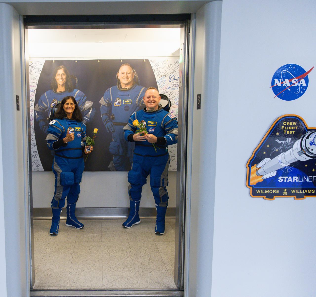 After suit-up and final fit checks, NASA’s Boeing Crew Flight Test astronauts Butch Wilmore and Suni Williams enter the elevator in the Astronaut Crew Quarters on Wednesday, June 5, 2024, inside Kennedy Space Center’s Neil A. Armstrong Operations and Checkout Building in Florida. The crew members are scheduled to launch to the International Space Station aboard Boeing’s Starliner spacecraft atop a United Launch Alliance Atlas V rocket from Space Launch Complex-41 at nearby Cape Canaveral Space Force Station at 10:52 a.m. EDT.