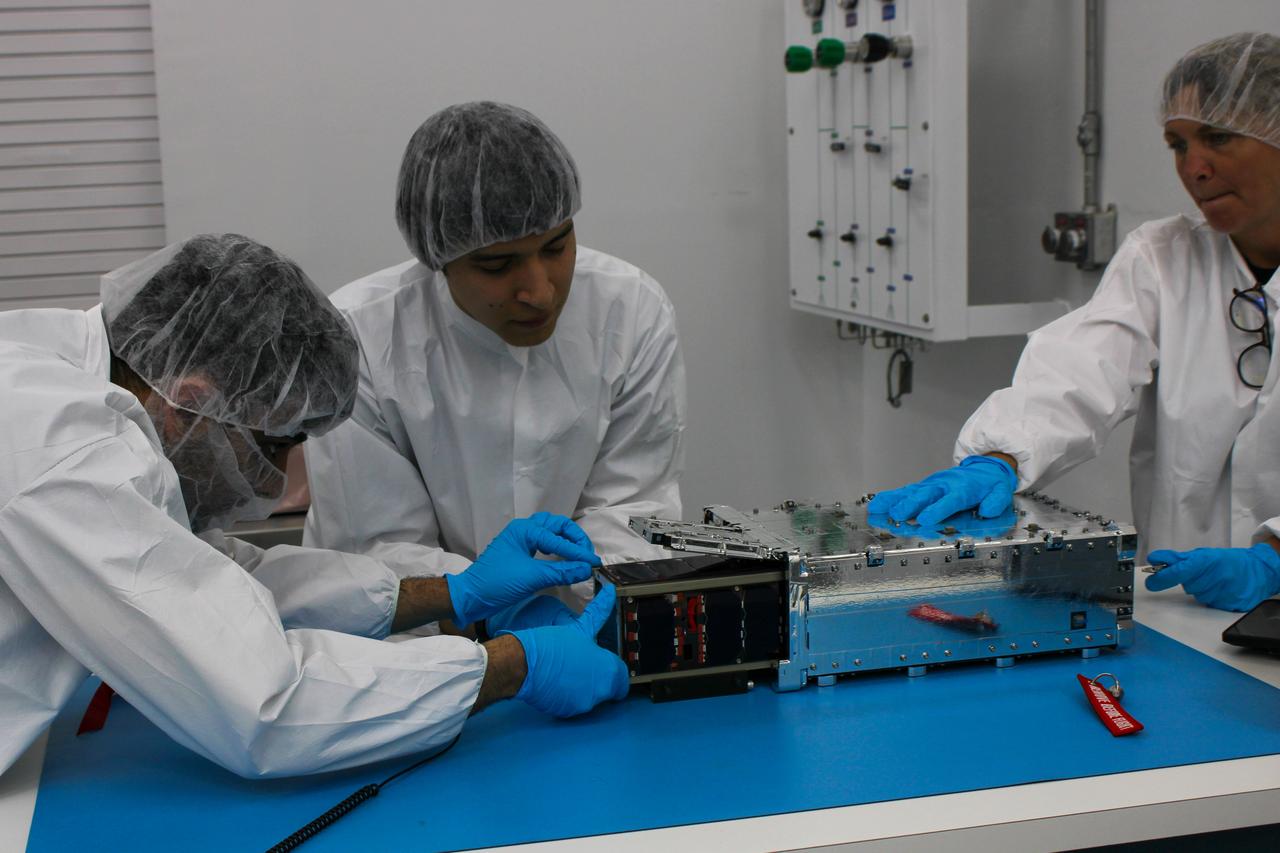 A Satellite for Optimal Control and Imaging (SOC-i) CubeSat awaits integration at Firefly’s Payload Processing Facility at Vandenberg Space Force Base, California on Thursday, June 6, 2024. SOC-i, along with several other CubeSats, will launch to space on an Alpha rocket during NASA’s Educational Launch of Nanosatellites (ELaNa) 43 mission as part of the agency’s CubeSat Launch Initiative and Firefly’s Venture-Class Launch Services Demonstration 2 contract.