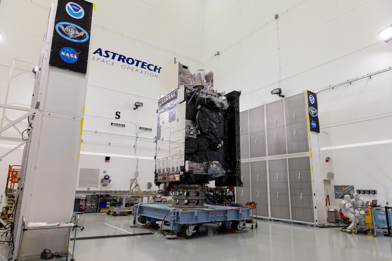 The National Oceanic and Atmospheric Administration (NOAA) Geostationary Operational Environmental Satellite-U (GOES-U) stands vertical on a spacecraft dolly in a high bay at the Astrotech Space Operations Facility near the agency’s Kennedy Space Center in Florida during a NASA-hosted media day on Thursday, June 6, 2024. Part of a collaborative NOAA and NASA program, GOES-U is the last in a series of advanced geostationary weather satellites. Data from the GOES-R satellite series enables forecasters to predict, observe, and track local weather events that affect public safety like thunderstorms, hurricanes, and wildfires.