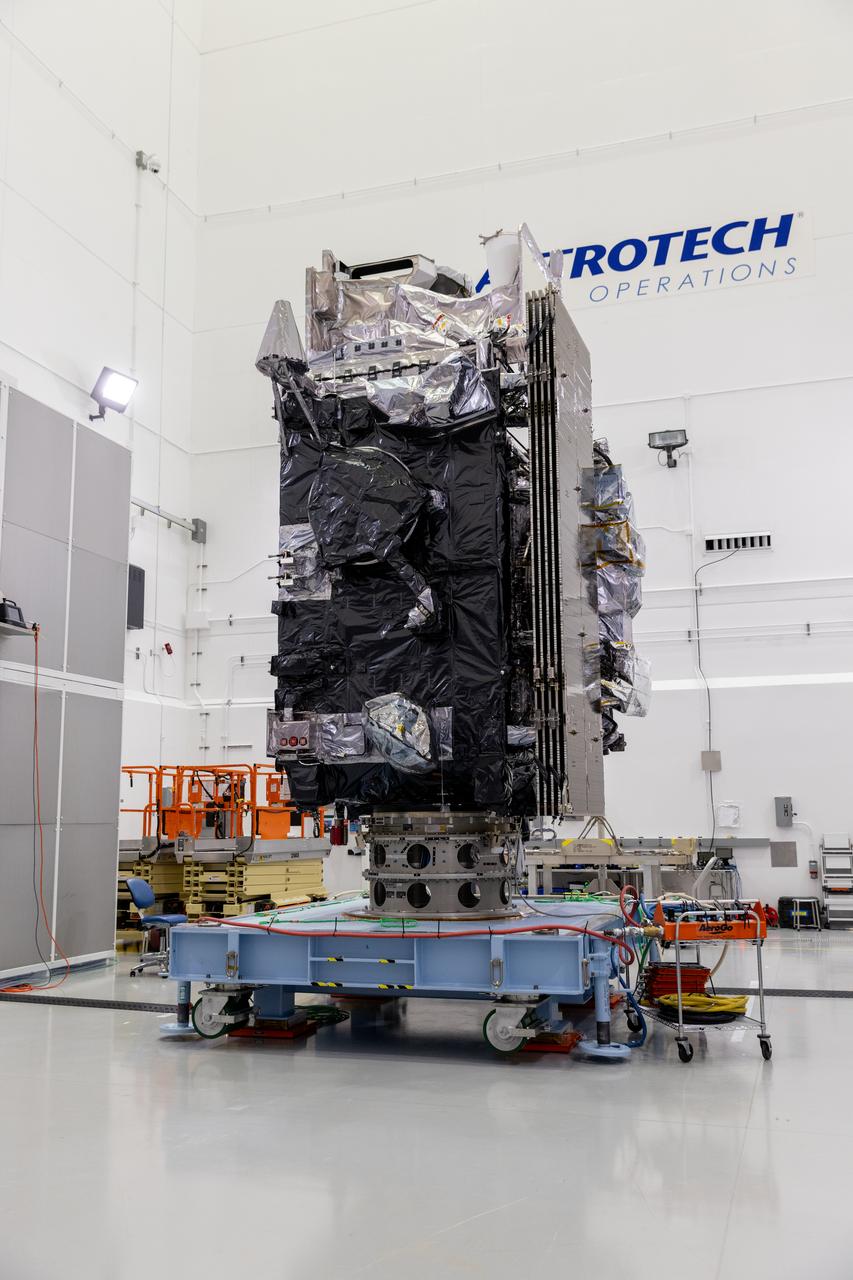 The National Oceanic and Atmospheric Administration (NOAA) Geostationary Operational Environmental Satellite-U (GOES-U) stands vertical on a spacecraft dolly in a high bay at the Astrotech Space Operations Facility near the agency’s Kennedy Space Center in Florida during a NASA-hosted media day on Thursday, June 6, 2024. Part of a collaborative NOAA and NASA program, GOES-U is the last in a series of advanced geostationary weather satellites. Data from the GOES-R satellite series enables forecasters to predict, observe, and track local weather events that affect public safety like thunderstorms, hurricanes, and wildfires.