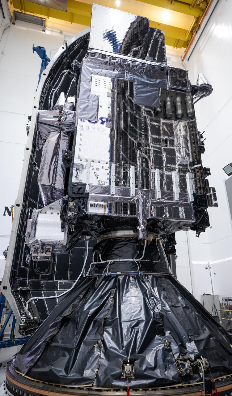 Technicians at the Astrotech Space Operations facility near NASA’s Kennedy Space Center in Florida connect NOAA’s (National Oceanic and Atmospheric Administration) Geostationary Operational Environmental Satellite (GOES-U) to the payload adapter on Thursday, June 13, 2024, in preparation for its upcoming launch. The fourth and final weather-observing and environmental monitoring satellite in NOAA’s GOES-R Series will assist meteorologists in providing advanced weather forecasting and warning capabilities. The two-hour window for liftoff opens 5:16 p.m. EDT Tuesday, June 25, aboard a SpaceX Falcon Heavy rocket from Launch Complex 39A at NASA’s Kennedy Space Center in Florida.