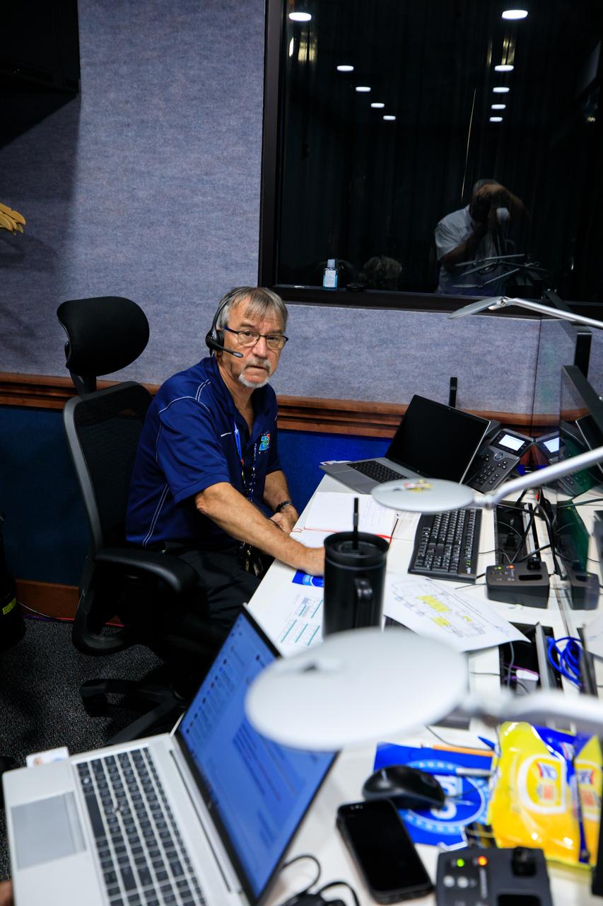 Brian Lawson, Chief Communications Engineer at a.i. solutions, participates in a mission dress rehearsal on Monday, June 17, 2024, inside Hangar AE at Cape Canaveral Space Force Station in Florida for the National Oceanic and Atmospheric Administration (NOAA) GOES-U (Geostationary Operational Environmental Satellite U) mission. The GOES-U satellite, the final addition to GOES-R series, will serve a critical role in providing continuous coverage of the Western Hemisphere, including monitoring tropical systems in the eastern Pacific and Atlantic oceans launched Tuesday, June 25, 2024.