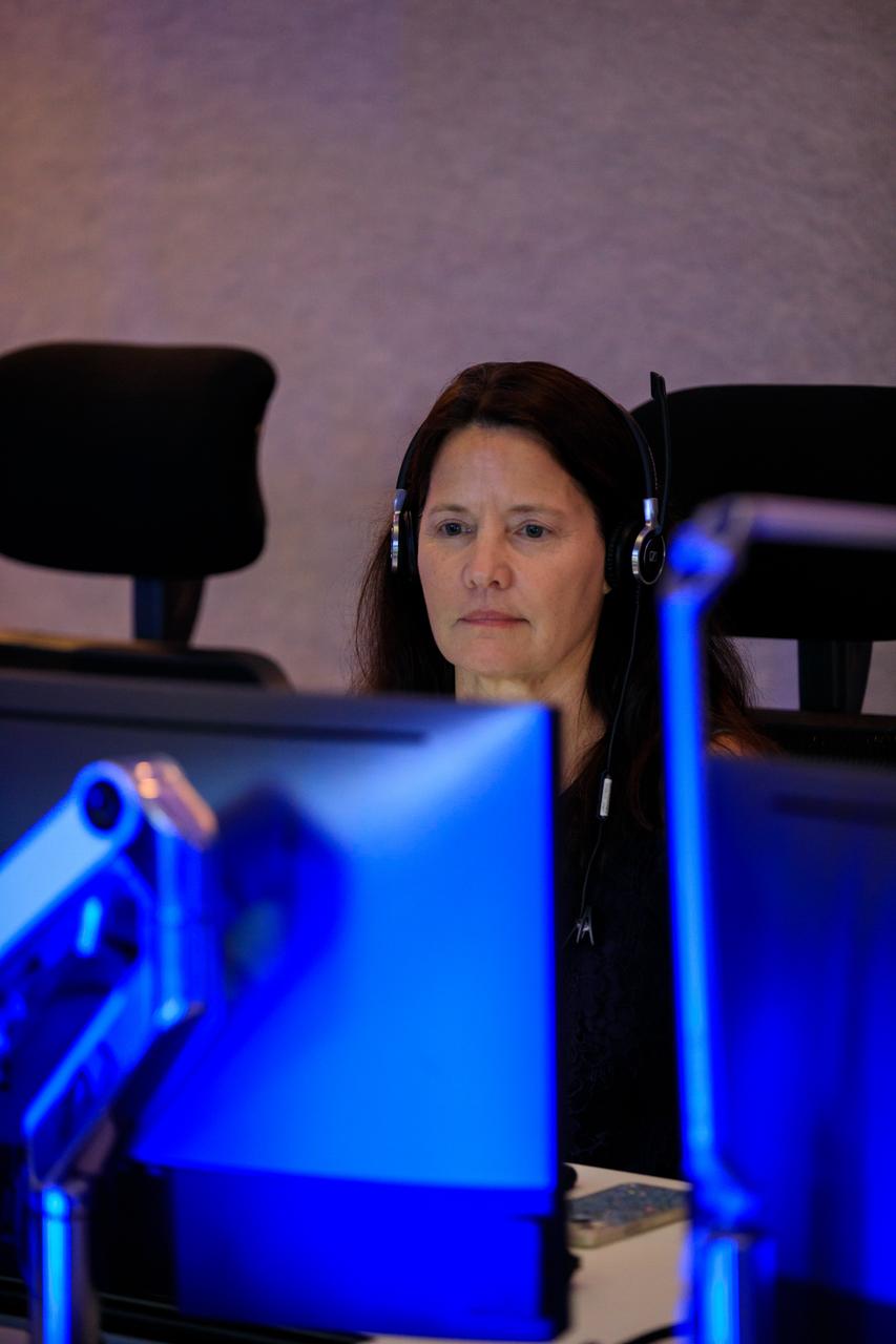 Lori Ulrich, deputy chief, Fleet and Systems Management Division with the Launch Services Program at NASA’s Kennedy Space Center, participates in a mission dress rehearsal on Monday, June 17, 2024, inside Hangar AE at Cape Canaveral Space Force Station in Florida for the National Oceanic and Atmospheric Administration (NOAA) GOES-U (Geostationary Operational Environmental Satellite U) mission. The GOES-U satellite, the final addition to GOES-R series, will serve a critical role in providing continuous coverage of the Western Hemisphere, including monitoring tropical systems in the eastern Pacific and Atlantic oceans launched Tuesday, June 25, 2024.