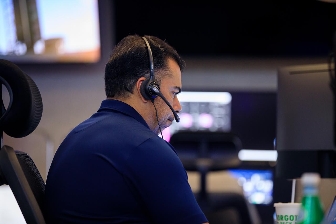 Akash Vangani, deputy chief engineer with the Launch Services Program at NASA’s Kennedy Space Center, participates in a mission dress rehearsal on Monday, June 17, 2024, inside Hangar AE at Cape Canaveral Space Force Station in Florida for the National Oceanic and Atmospheric Administration (NOAA) GOES-U (Geostationary Operational Environmental Satellite U) mission. The GOES-U satellite, the final addition to GOES-R series, will serve a critical role in providing continuous coverage of the Western Hemisphere, including monitoring tropical systems in the eastern Pacific and Atlantic oceans launched Tuesday, June 25, 2024.