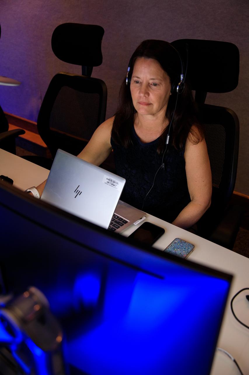 Lori Ulrich, deputy chief, Fleet and Systems Management Division with the Launch Services Program at NASA’s Kennedy Space Center, participates in a mission dress rehearsal on Monday, June 17, 2024, inside Hangar AE at Cape Canaveral Space Force Station in Florida for the National Oceanic and Atmospheric Administration (NOAA) GOES-U (Geostationary Operational Environmental Satellite U) mission. The GOES-U satellite, the final addition to GOES-R series, will serve a critical role in providing continuous coverage of the Western Hemisphere, including monitoring tropical systems in the eastern Pacific and Atlantic oceans launched Tuesday, June 25, 2024.