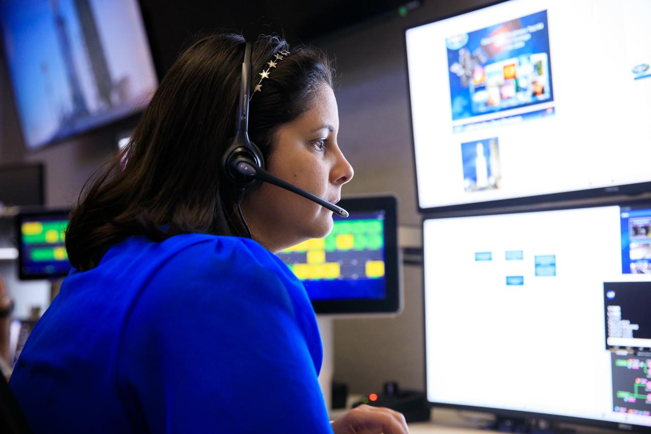 Joan Misner, mission integration engineer with the Launch Services Program at NASA’s Kennedy Space Center, participates in a mission dress rehearsal on Monday, June 17, 2024, inside Hangar AE at Cape Canaveral Space Force Station in Florida for the National Oceanic and Atmospheric Administration (NOAA) GOES-U (Geostationary Operational Environmental Satellite U) mission. The GOES-U satellite, the final addition to GOES-R series, will serve a critical role in providing continuous coverage of the Western Hemisphere, including monitoring tropical systems in the eastern Pacific and Atlantic oceans launched Tuesday, June 25, 2024.