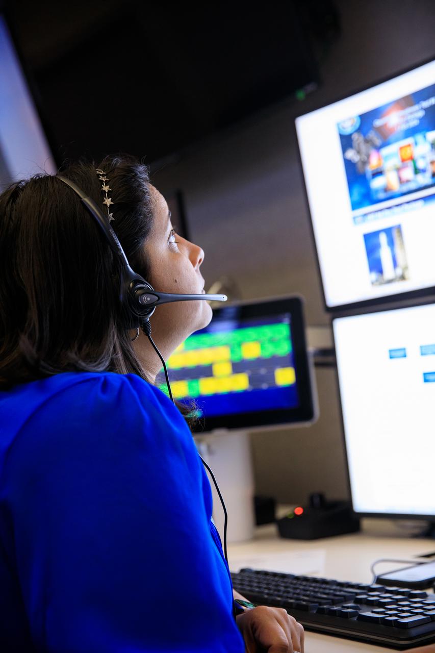 Joan Misner, mission integration engineer with the Launch Services Program at NASA’s Kennedy Space Center, participates in a mission dress rehearsal on Monday, June 17, 2024, inside Hangar AE at Cape Canaveral Space Force Station in Florida for the National Oceanic and Atmospheric Administration (NOAA) GOES-U (Geostationary Operational Environmental Satellite U) mission. The GOES-U satellite, the final addition to GOES-R series, will serve a critical role in providing continuous coverage of the Western Hemisphere, including monitoring tropical systems in the eastern Pacific and Atlantic oceans launched Tuesday, June 25, 2024.