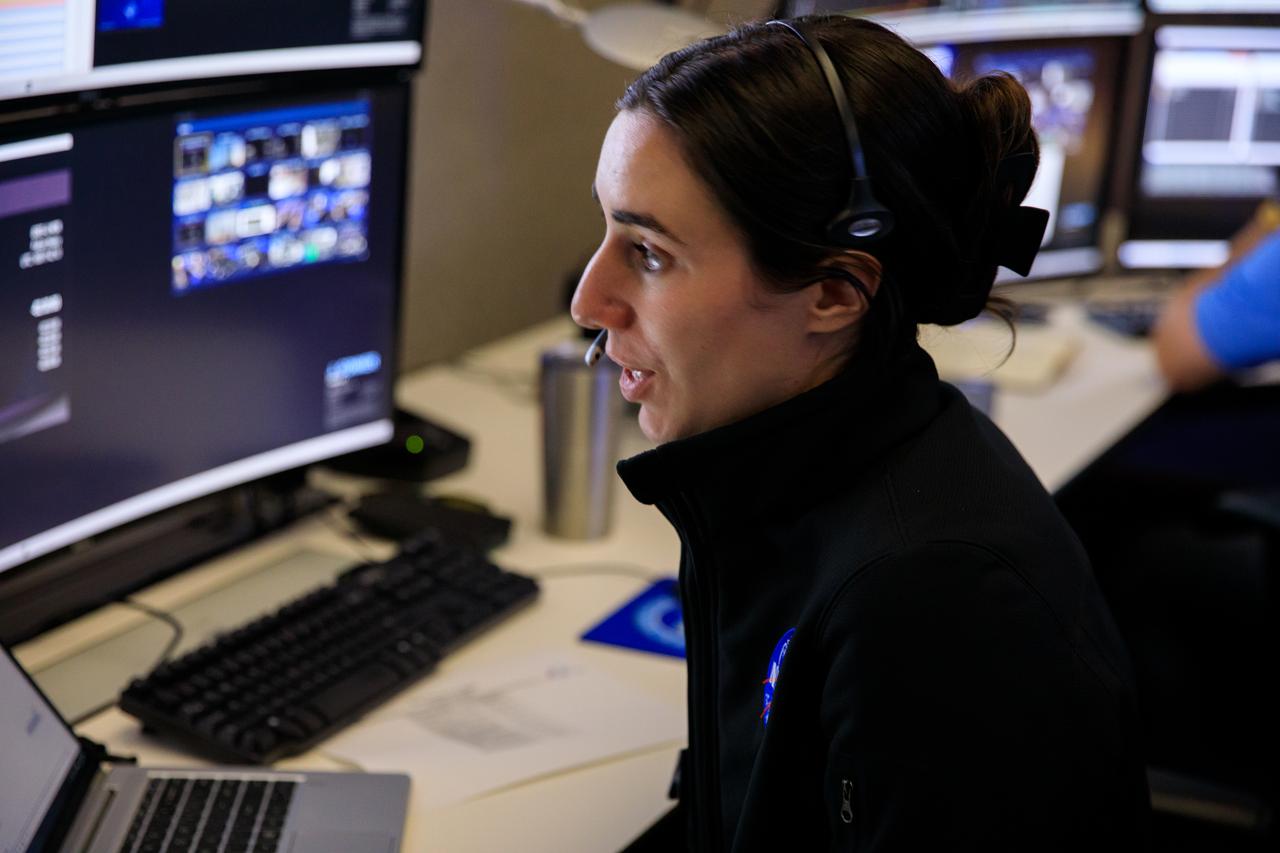Jessica Conner, mission integration engineer at NASA’s Kennedy Space Center, participates in a mission dress rehearsal on Monday, June 17, 2024, inside Hangar AE at Cape Canaveral Space Force Station in Florida for the National Oceanic and Atmospheric Administration (NOAA) GOES-U (Geostationary Operational Environmental Satellite U) mission. The GOES-U satellite, the final addition to GOES-R series, will serve a critical role in providing continuous coverage of the Western Hemisphere, including monitoring tropical systems in the eastern Pacific and Atlantic oceans launched Tuesday, June 25, 2024.
