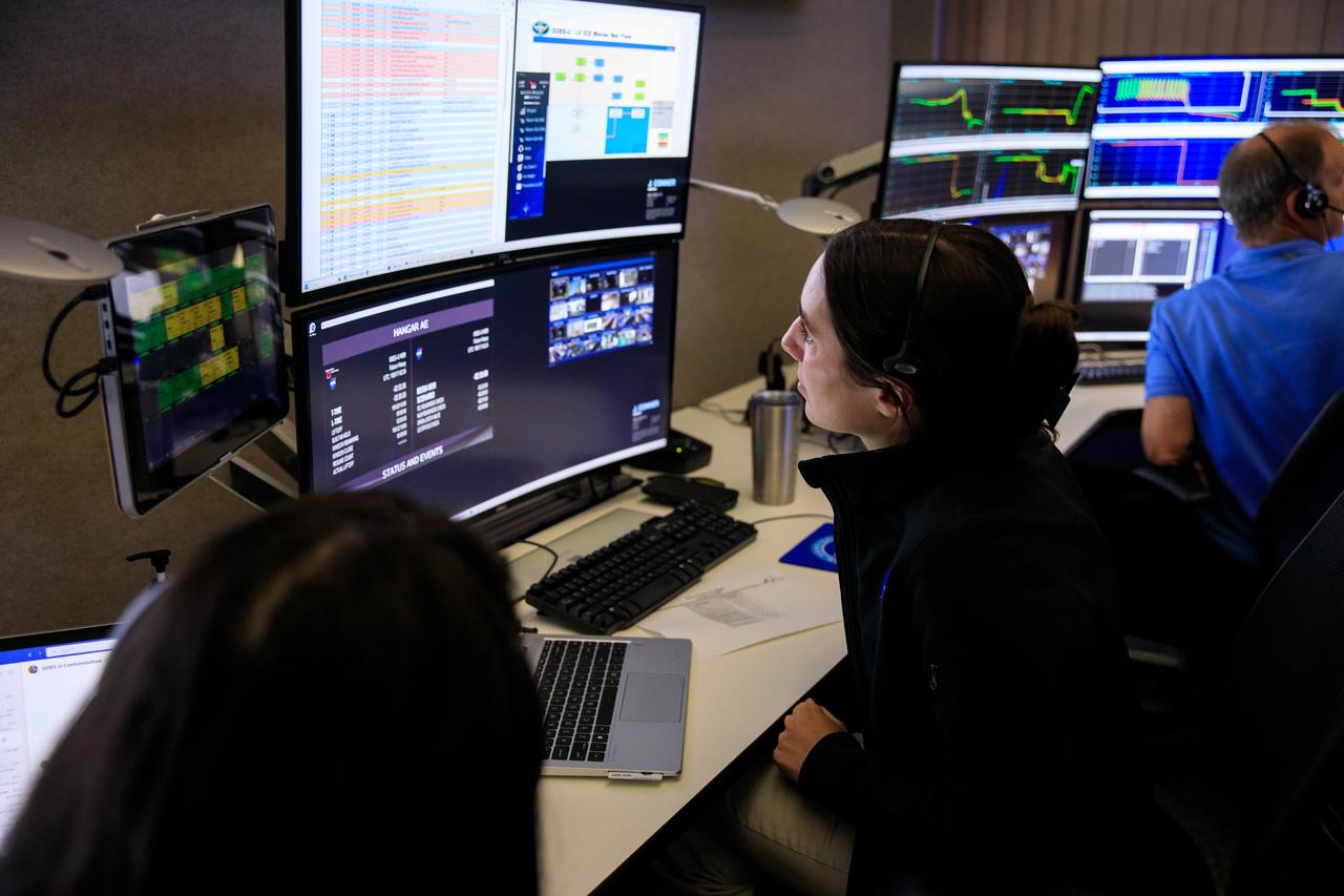 Jessica Conner, mission integration engineer at NASA’s Kennedy Space Center, participates in a mission dress rehearsal on Monday, June 17, 2024, inside Hangar AE at Cape Canaveral Space Force Station in Florida for the National Oceanic and Atmospheric Administration (NOAA) GOES-U (Geostationary Operational Environmental Satellite U) mission. The GOES-U satellite, the final addition to GOES-R series, will serve a critical role in providing continuous coverage of the Western Hemisphere, including monitoring tropical systems in the eastern Pacific and Atlantic oceans launched Tuesday, June 25, 2024.