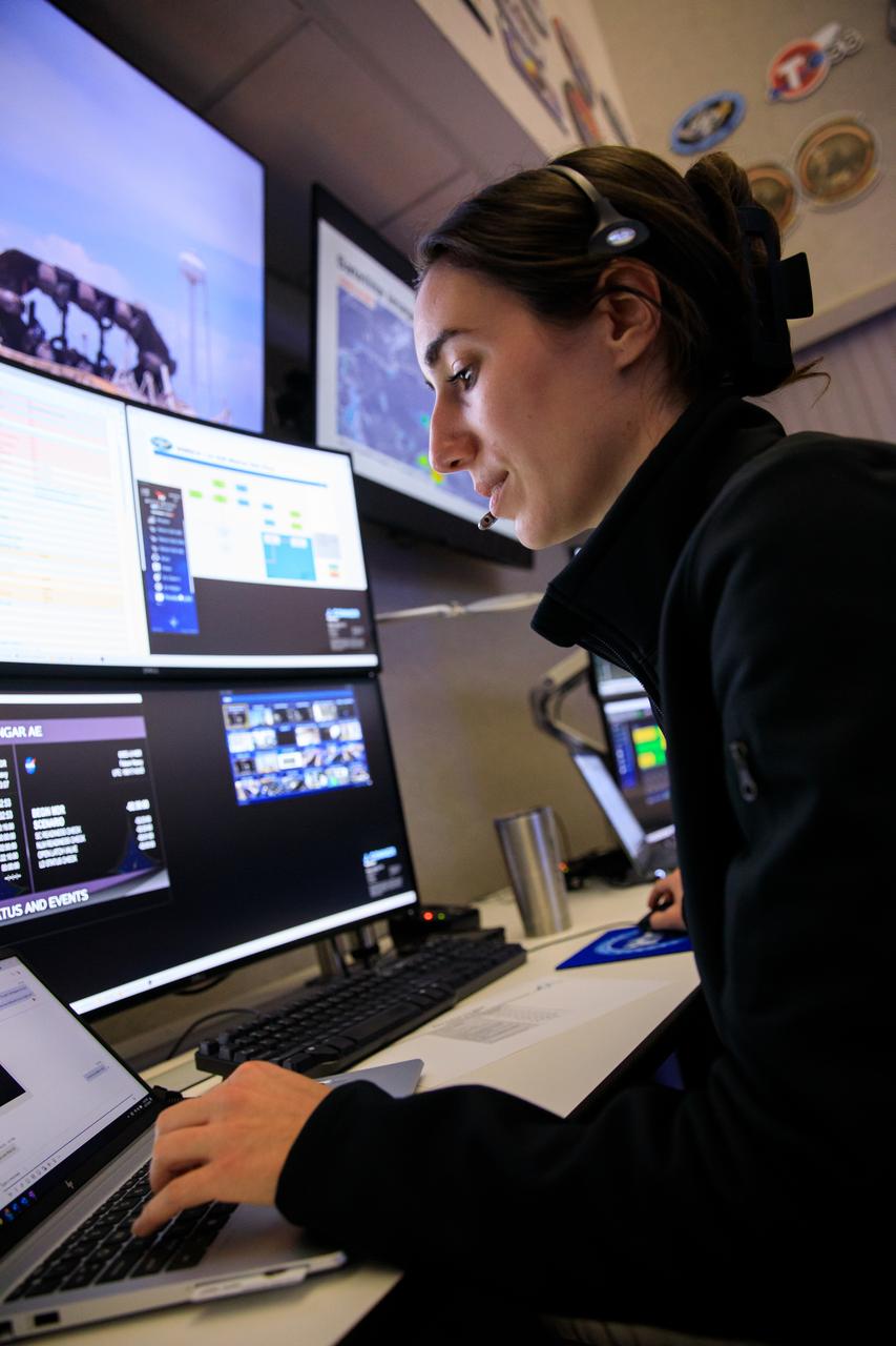 Jessica Conner, mission integration engineer at NASA’s Kennedy Space Center, participates in a mission dress rehearsal on Monday, June 17, 2024, inside Hangar AE at Cape Canaveral Space Force Station in Florida for the National Oceanic and Atmospheric Administration (NOAA) GOES-U (Geostationary Operational Environmental Satellite U) mission. The GOES-U satellite, the final addition to GOES-R series, will serve a critical role in providing continuous coverage of the Western Hemisphere, including monitoring tropical systems in the eastern Pacific and Atlantic oceans launched Tuesday, June 25, 2024.