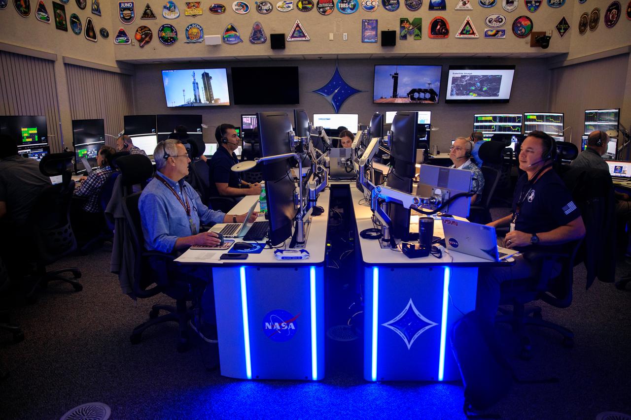 Engineers with the Launch Services Program at NASA’s Kennedy Space Center and mission managers participate in a mission dress rehearsal on Monday, June 17, 2024, inside Hangar AE at Cape Canaveral Space Force Station in Florida for the National Oceanic and Atmospheric Administration (NOAA) GOES-U (Geostationary Operational Environmental Satellite U) mission. The GOES-U satellite, the final addition to GOES-R series, will serve a critical role in providing continuous coverage of the Western Hemisphere, including monitoring tropical systems in the eastern Pacific and Atlantic oceans launched Tuesday, June 25, 2024.