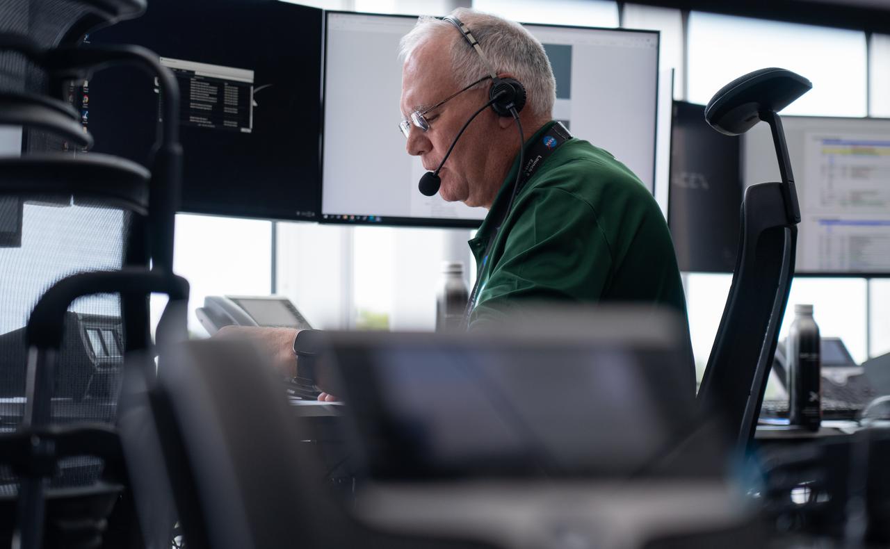 Rex Engelhardt, mission manager for NASA’s Launch Services Program, participates in rehearsal launch operations for the National Oceanic and Atmospheric Administration (NOAA) GOES-U (Geostationary Operational Environmental Satellite U) mission inside Hangar X at NASA’s Kennedy Space Center in Florida on Monday, June 17, 2024. The GOES-U satellite, the final addition to GOES-R series, serves a critical role in providing continuous coverage of the Western Hemisphere, including monitoring tropical systems in the eastern Pacific and Atlantic oceans. 