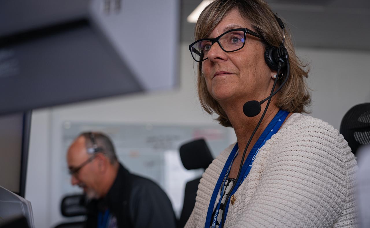 Jenny Lyons, deputy program manager for NASA’s Launch Services Program, participates in rehearsal launch operations for the National Oceanic and Atmospheric Administration (NOAA) GOES-U (Geostationary Operational Environmental Satellite U) mission inside Hangar X at NASA’s Kennedy Space Center in Florida on Monday, June 17, 2024. The GOES-U satellite, the final addition to GOES-R series, serves a critical role in providing continuous coverage of the Western Hemisphere, including monitoring tropical systems in the eastern Pacific and Atlantic oceans. 